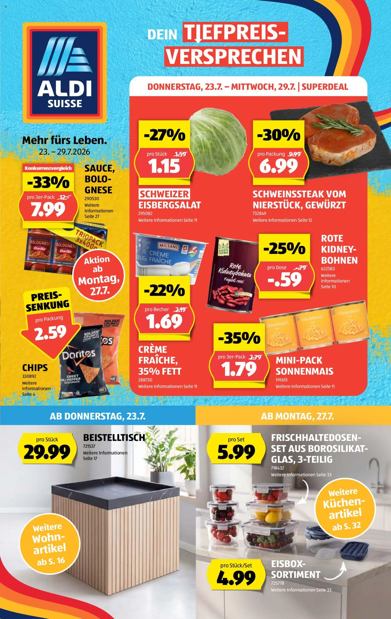Aldi aktionen – gültig ab 23.07.2026 | Seite: 1 | Produkte: Pasta, Chips, Beistelltisch, Creme