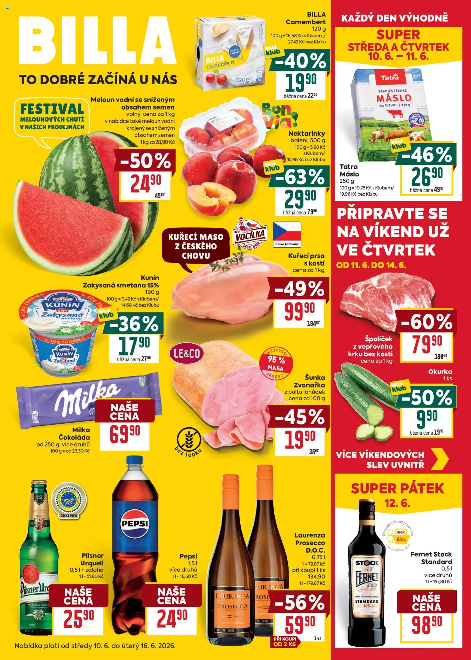 Billa Malý leták od 10.06.2026 | Strana: 1 | Produkty: Prosecco, Milka, Maso, Camembert