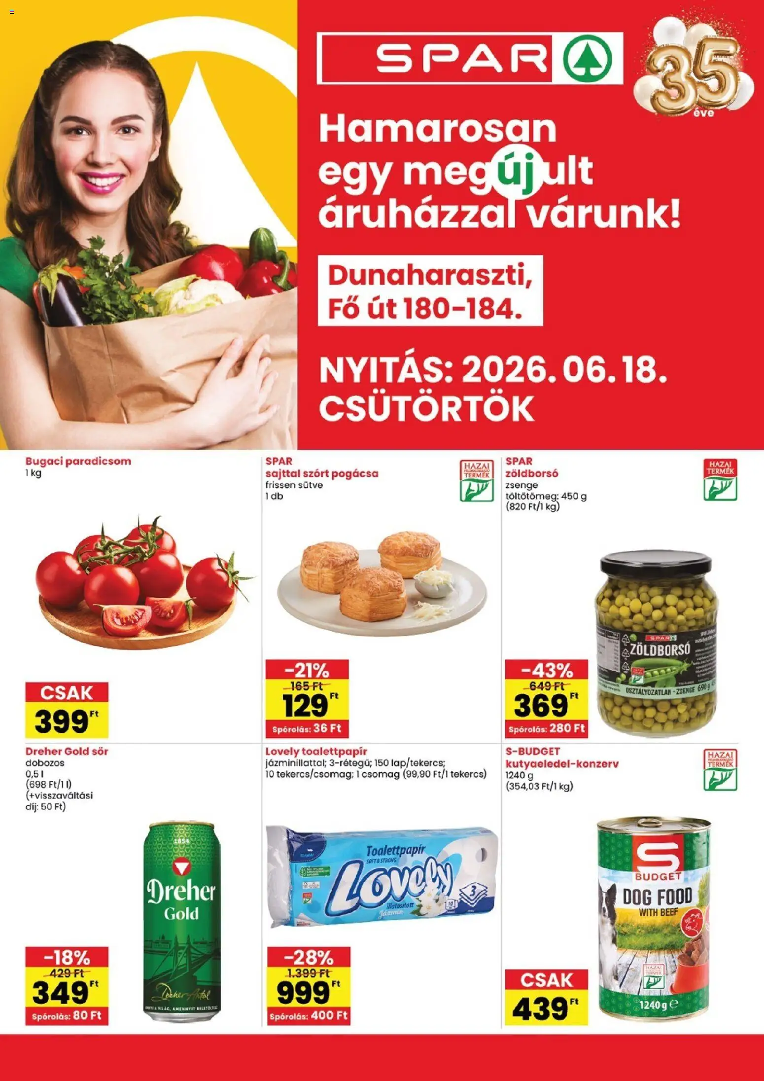 Spar akciós ujság - amely érvényes a következő dátumtól: 18.06.2026 | Oldal: 1 | Termékek: Zöldborsó, Sör, Paradicsom, Pogácsa