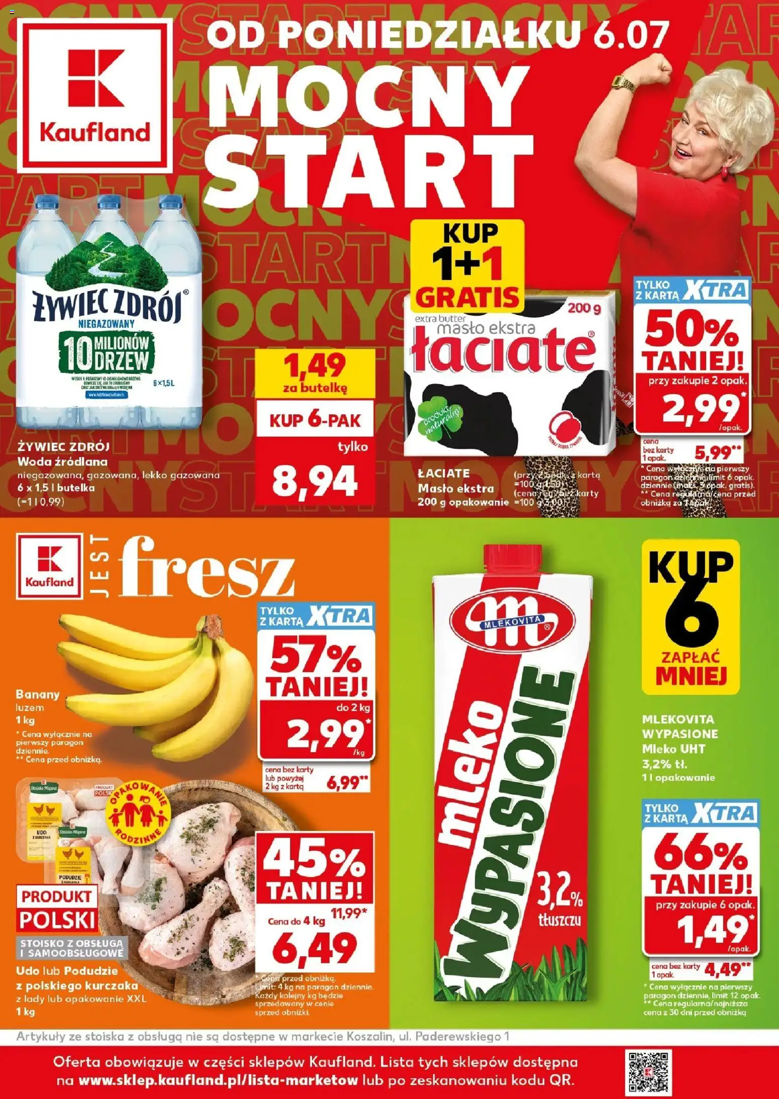 Kaufland gazetka - Mocny start od 06.07.2026 | Strona: 1 | Produkty: Karta, Woda źródlana, Mleko, Masło