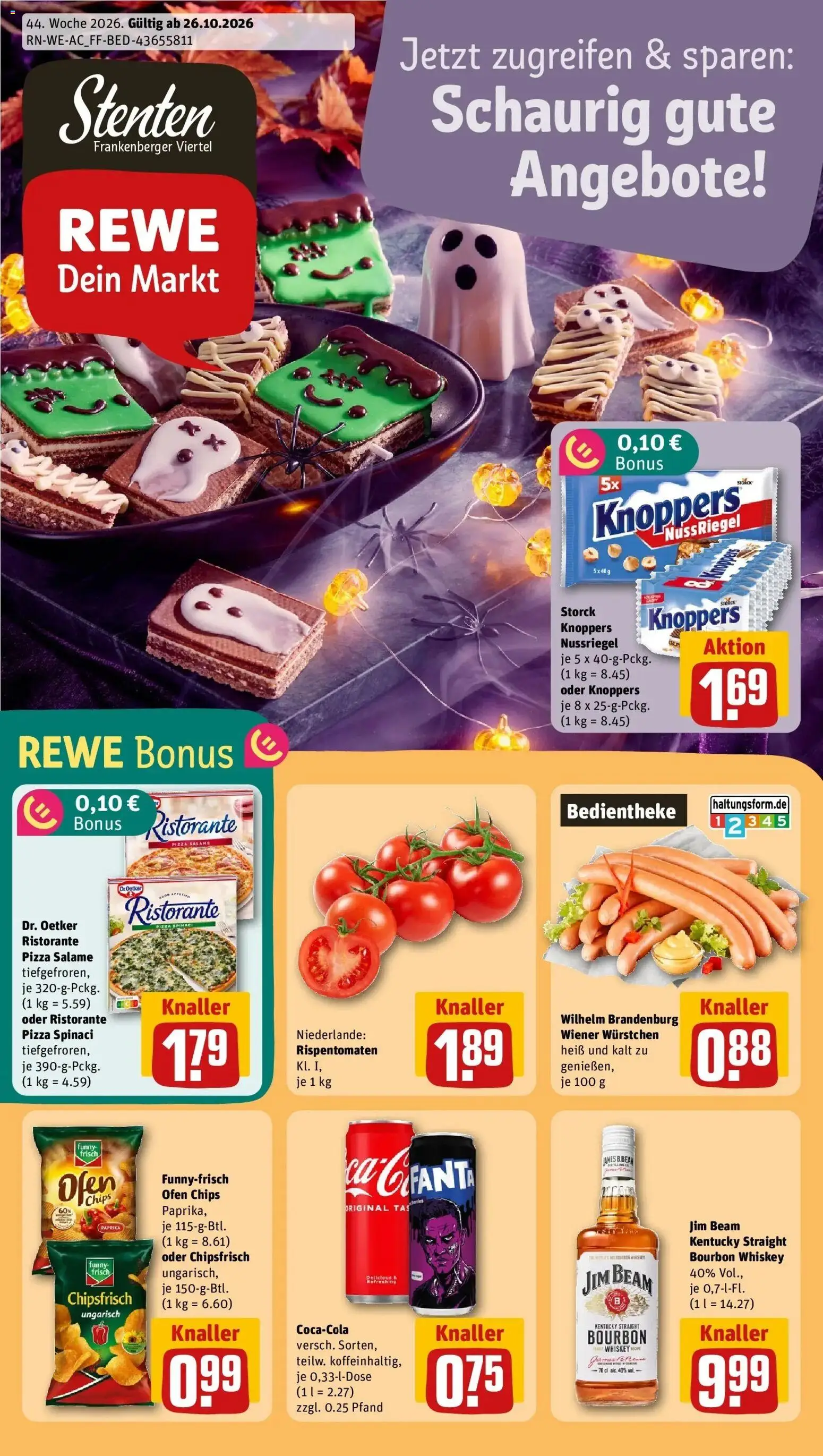 REWE Prospekt ab 26.10.2026 zum Blättern » Angebote | Seite: 1 | Produkte: Jim beam, Wiener wurstchen, Funny frisch, Pizza