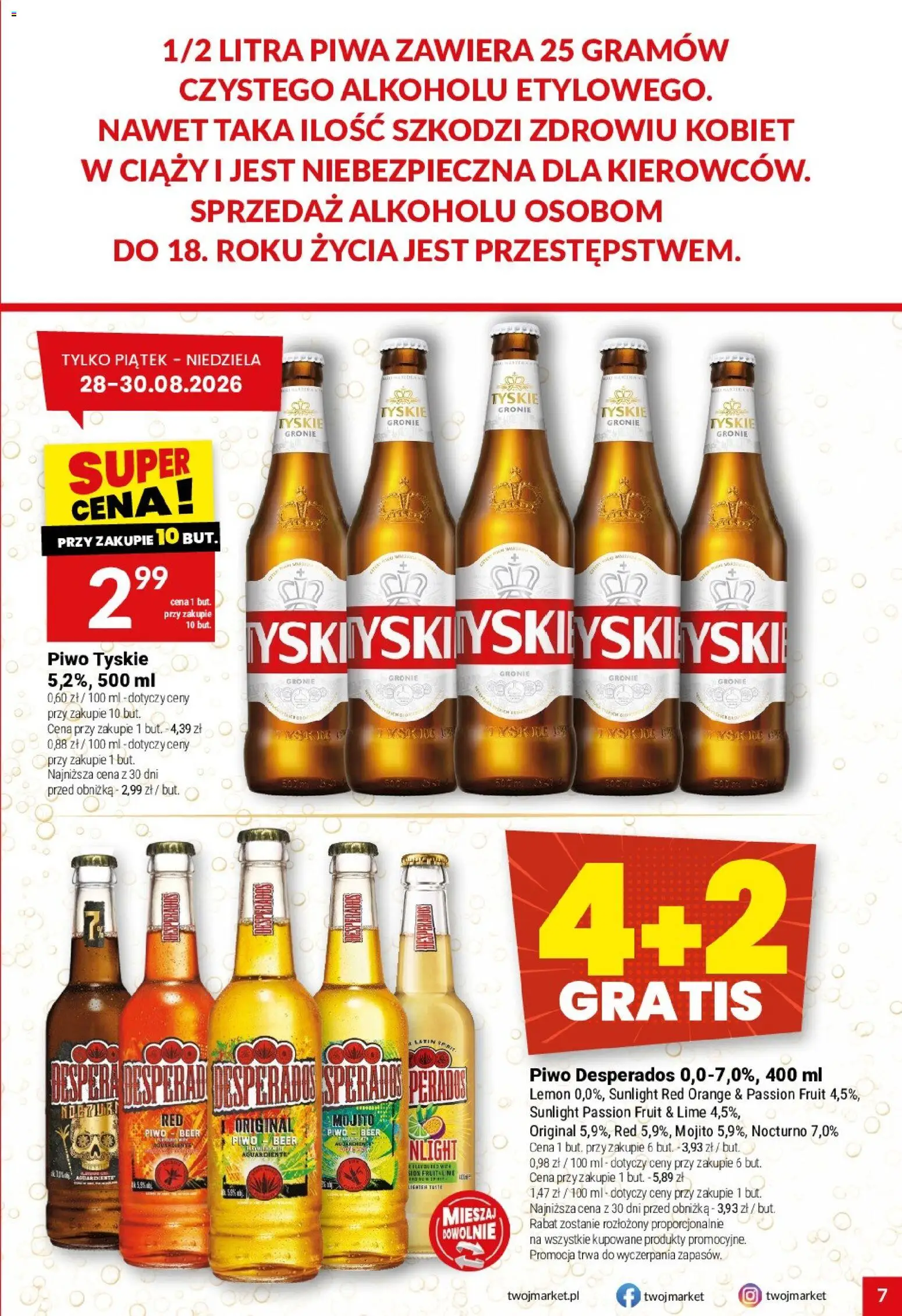Twój Market gazetka od 26.08.2026 | Strona: 7 | Produkty: Piwo tyskie, Mojito, Piwo Desperados, Desperados