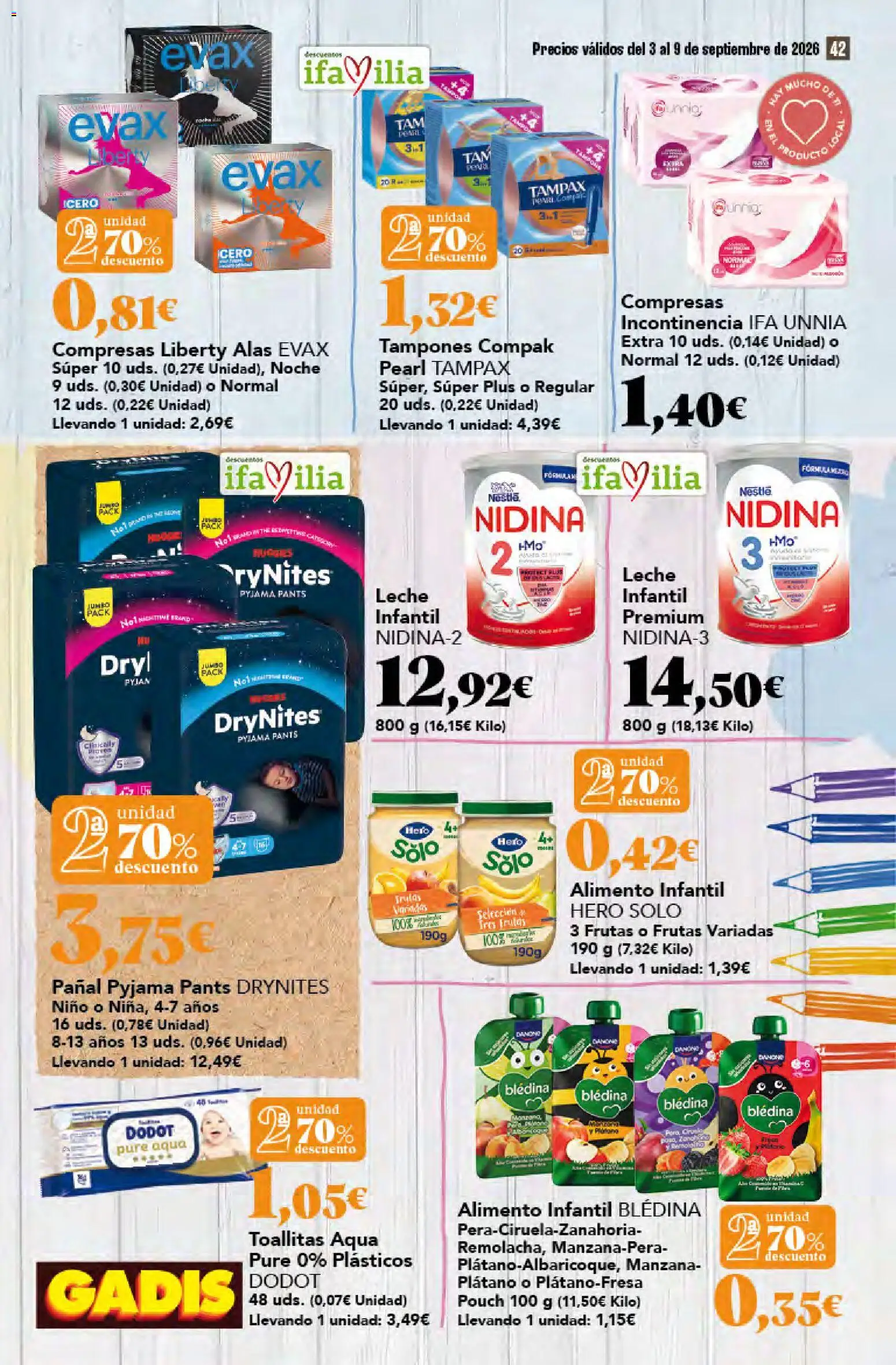 Gadis folleto │ válido desde el 03/09/2026 | Página: 42 | Productos: Puré, Tampones, Manzana, Compresas