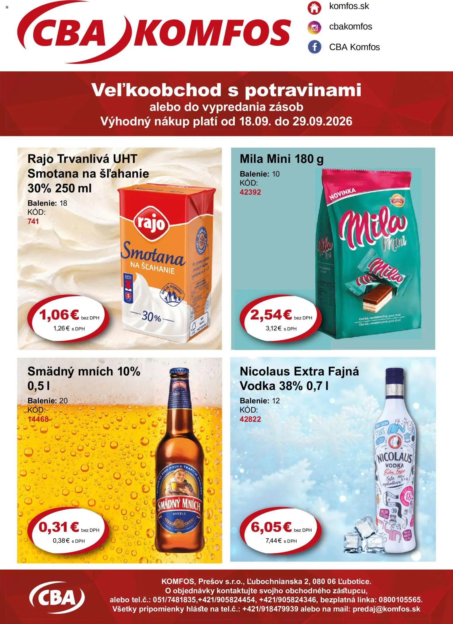 Nové CBA Komfos akcie – leták je platný od 18.09.2026 | Strana: 1 | Produkty: Smotana, Smädný Mních, Vodka, Mila