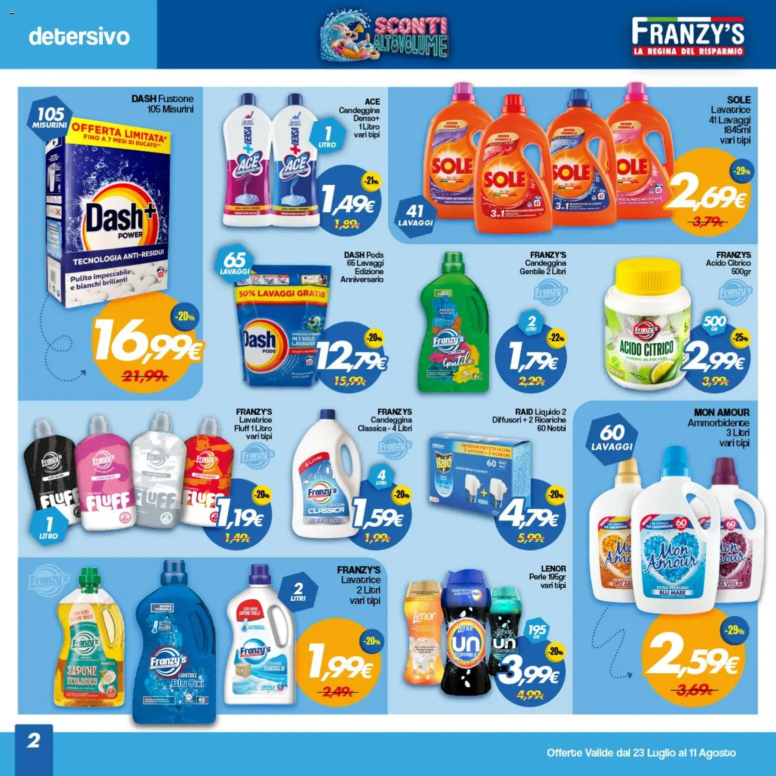 Volantino Franzy's del 23/07/2026 | Pagina: 2 | Prodotti: Sapone, Ammorbidente, Candeggina, Lavatrice