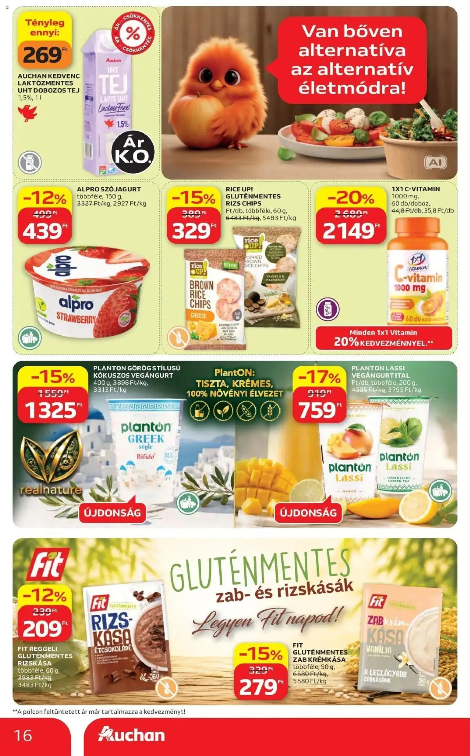 Auchan akciós újság Szolnok - 2026.08.27. -tól/töl > akció, lapozható szórólap 🛍️ | Oldal: 16 | Termékek: Chips, UHT tej, Laktózmentes, Gluténmentes
