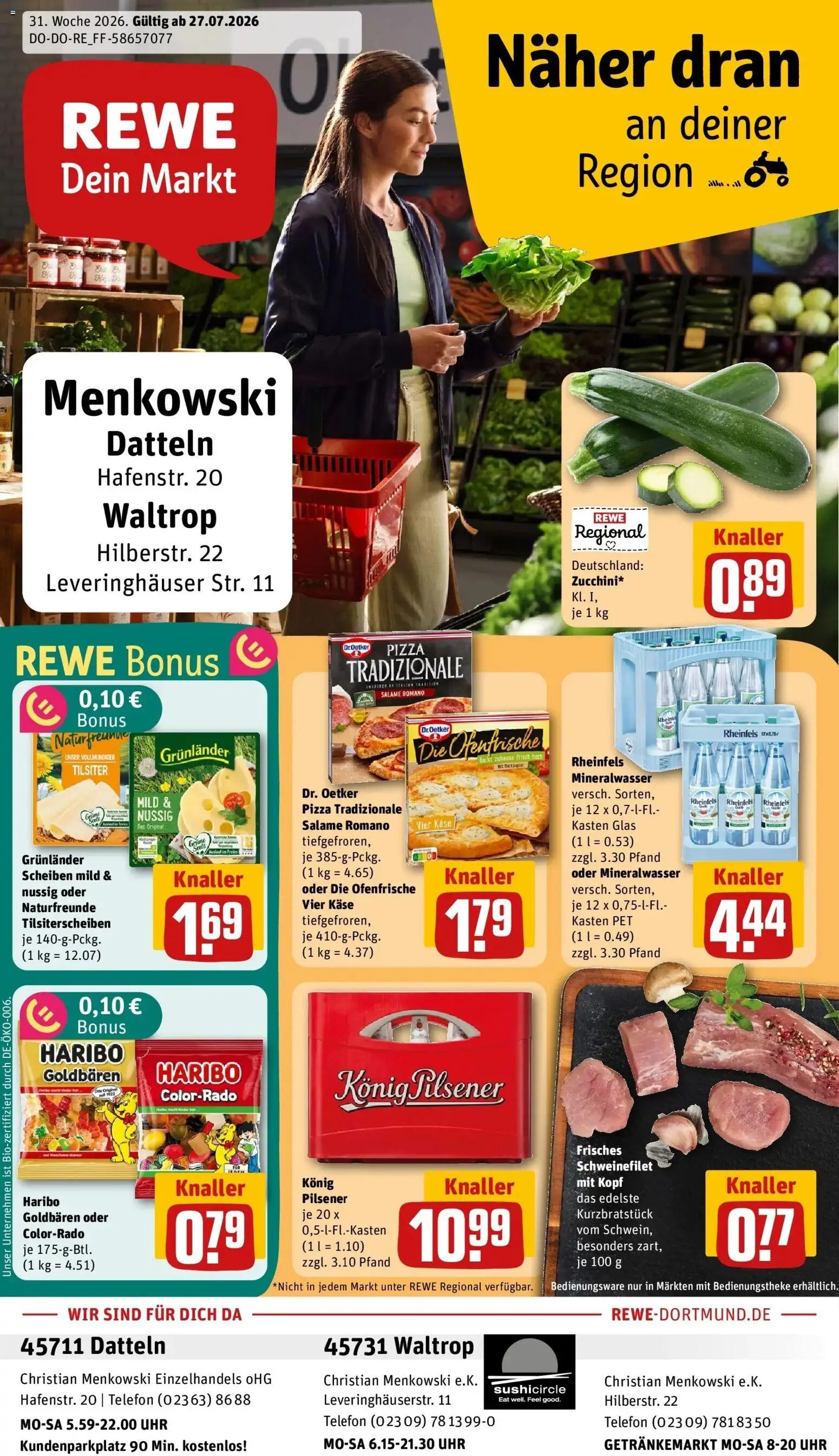 Rewe Prospekt Datteln – gültig ab 27.07.2026 | Seite: 1 | Produkte: Haribo, Grunlander, Pizza, Uhr