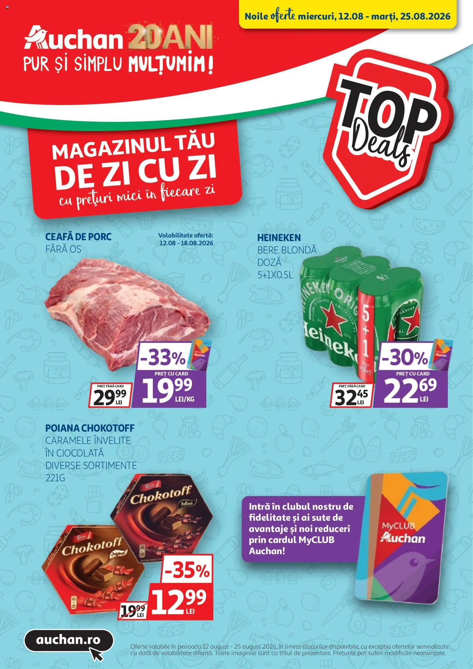 Noul catalog Auchan – valabil de la 12.08.2026 | Pagină: 1 | Produse: Ceafa de porc, Mici, Bere, Caramele