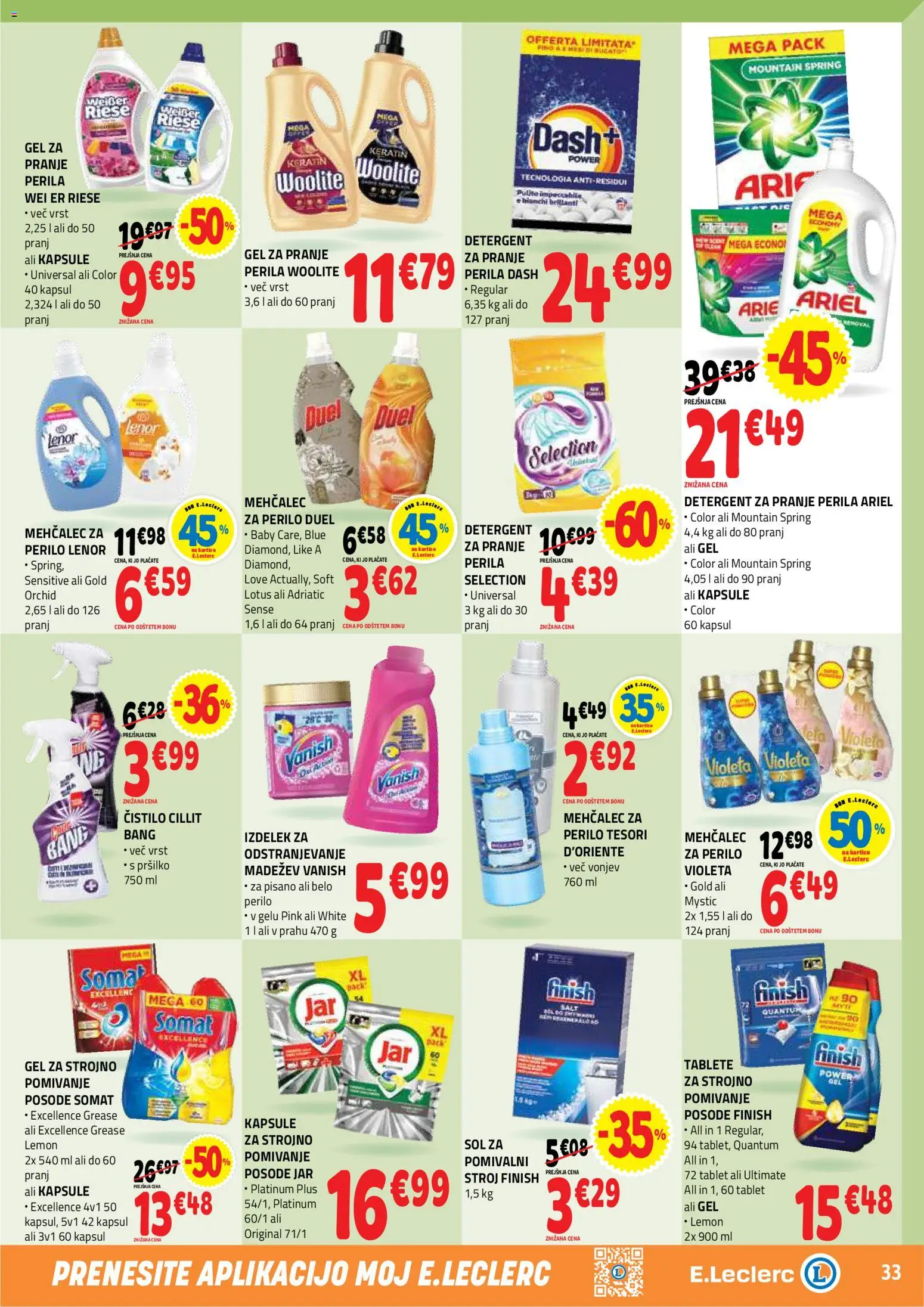 Novi E.leclerc katalog ponudbe – veljaven od 16.09.2026 | Stran: 33 | Izdelki: Mehčalec, Lotus, Detergent, Sol