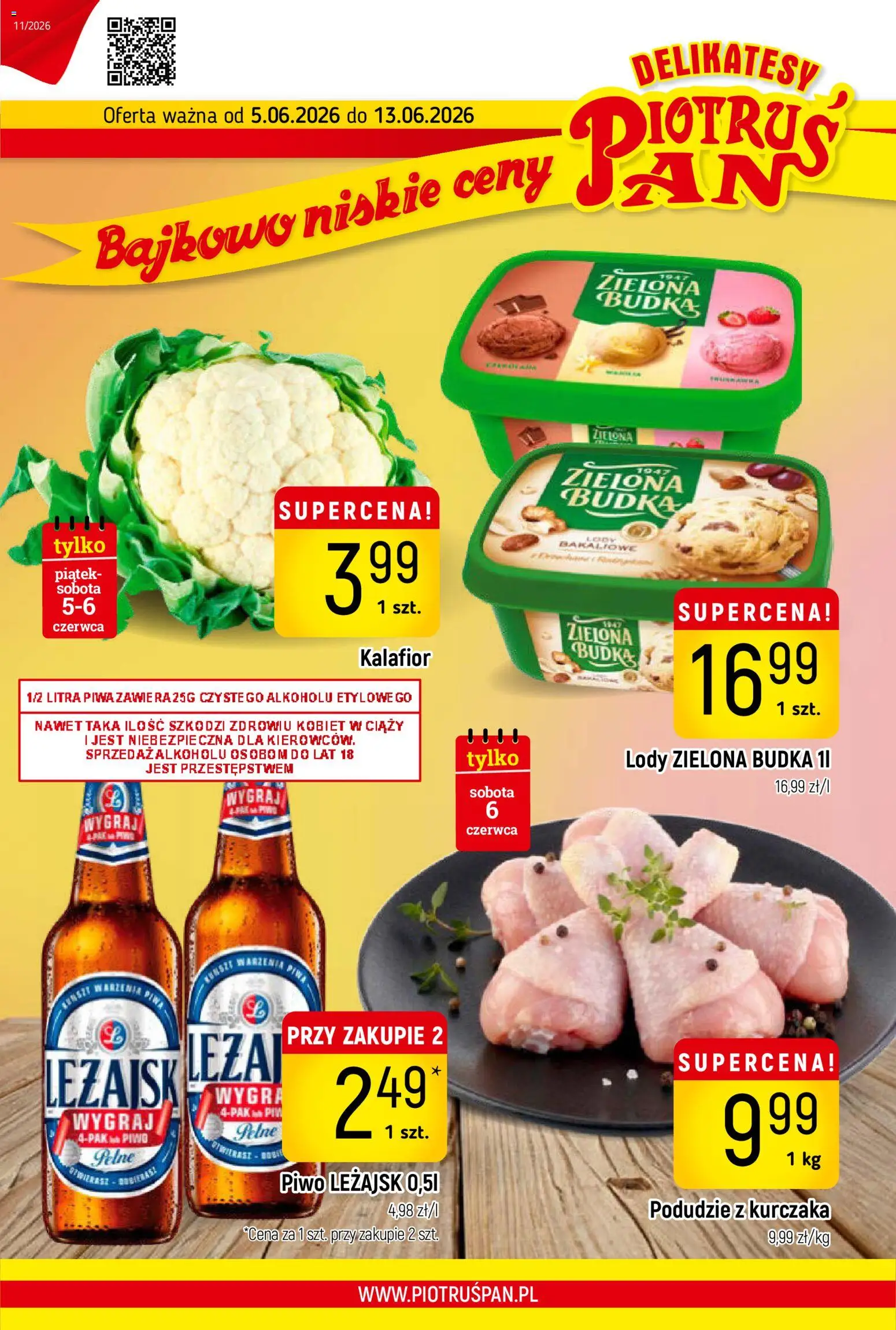 Piotruś Pan gazetka od 05.06.2026 | Strona: 1 | Produkty: Kalafior, Podudzie z kurczaka, Piwo, Lody