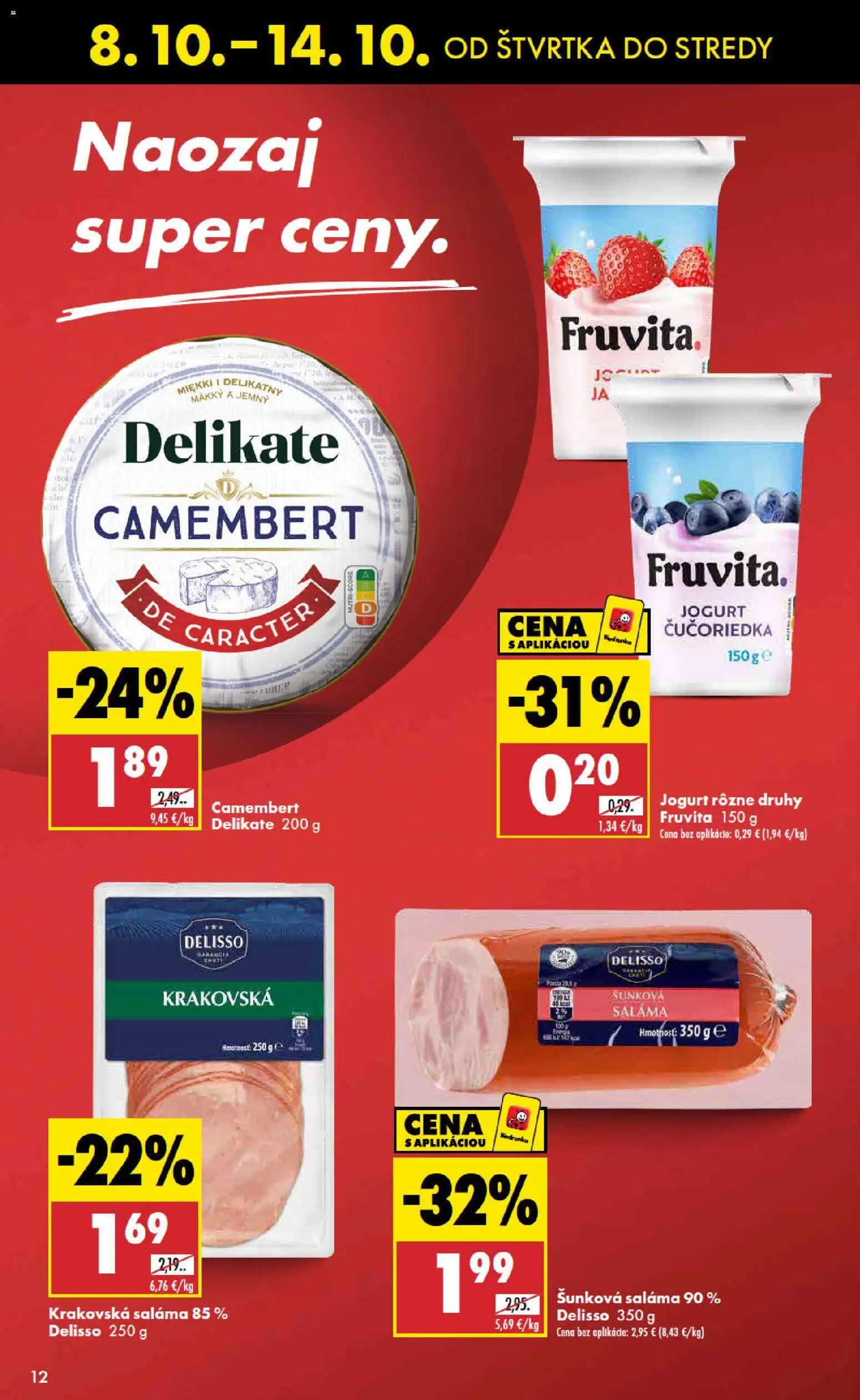 Nové Biedronka akcie – leták je platný od 08.10.2026 | Strana: 12 | Produkty: Jogurt, Saláma, Camembert