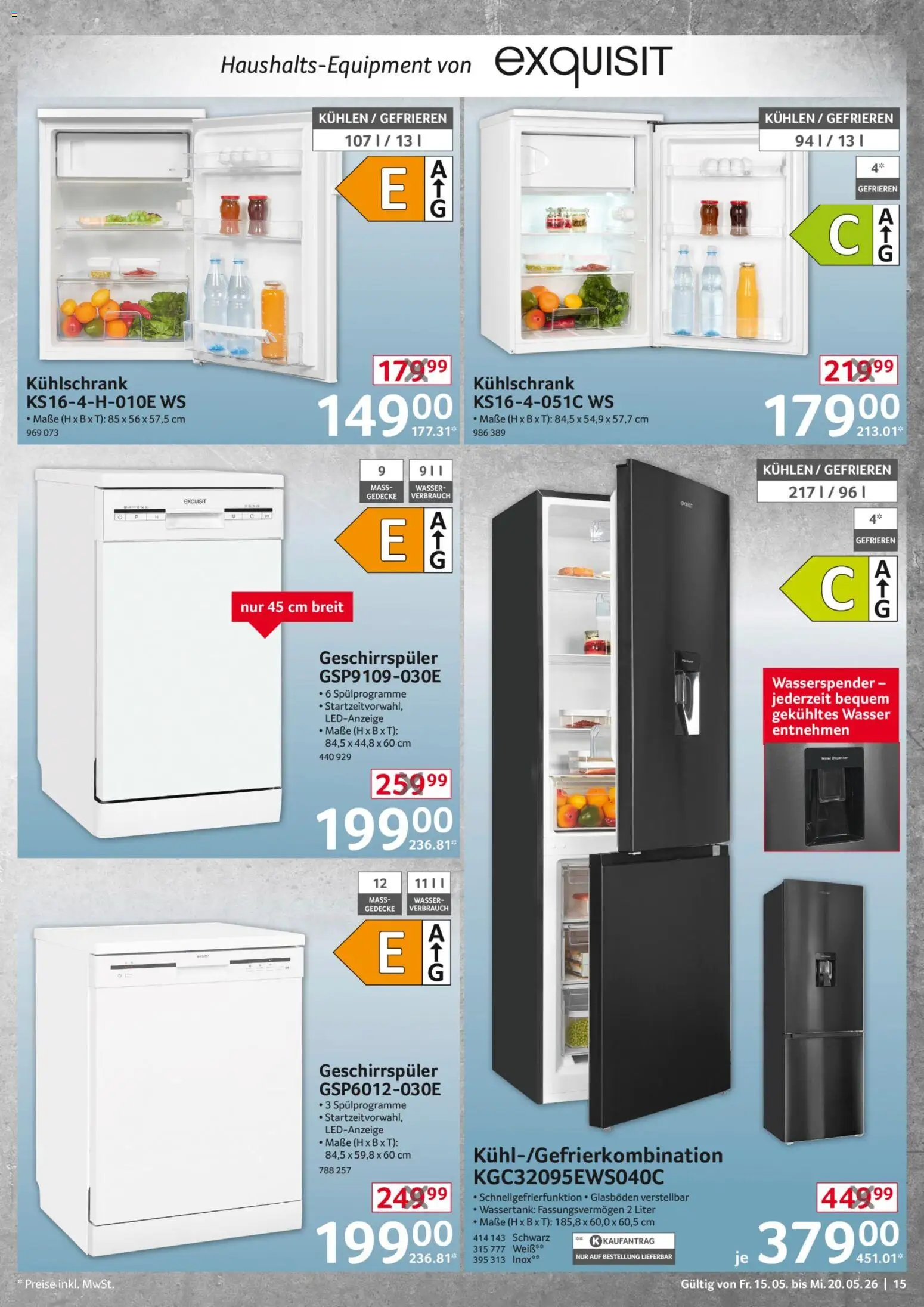 Selgros Non Food – gültig ab 15.05.2026 | Seite: 15 | Produkte: Geschirrspüler, Kühlschrank, Wasser