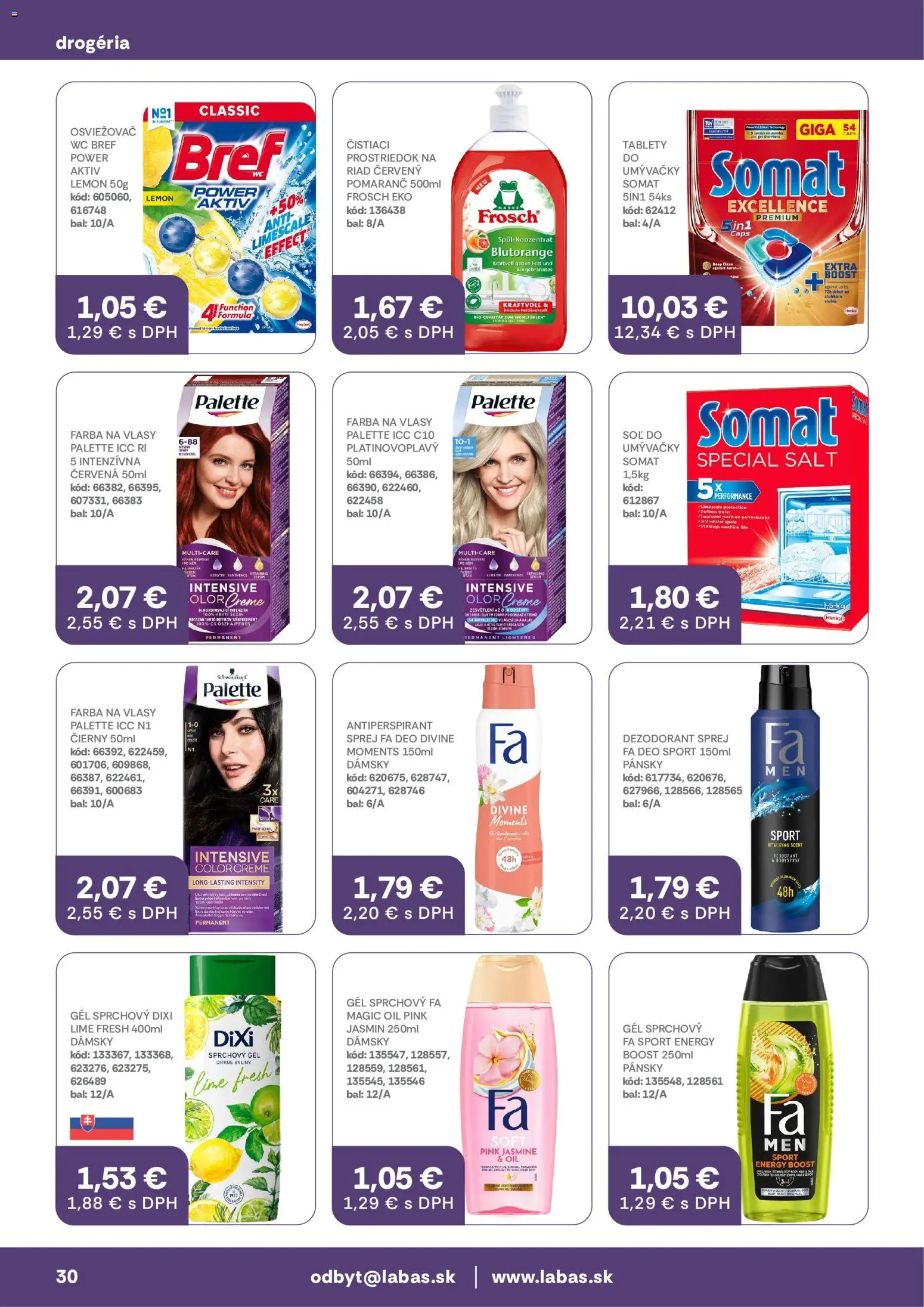 Nové Labaš akcie – leták je platný od 28.08.2026 | Strana: 30 | Produkty: Wc, Farba na vlasy, Sprchový gél, Dezodorant
