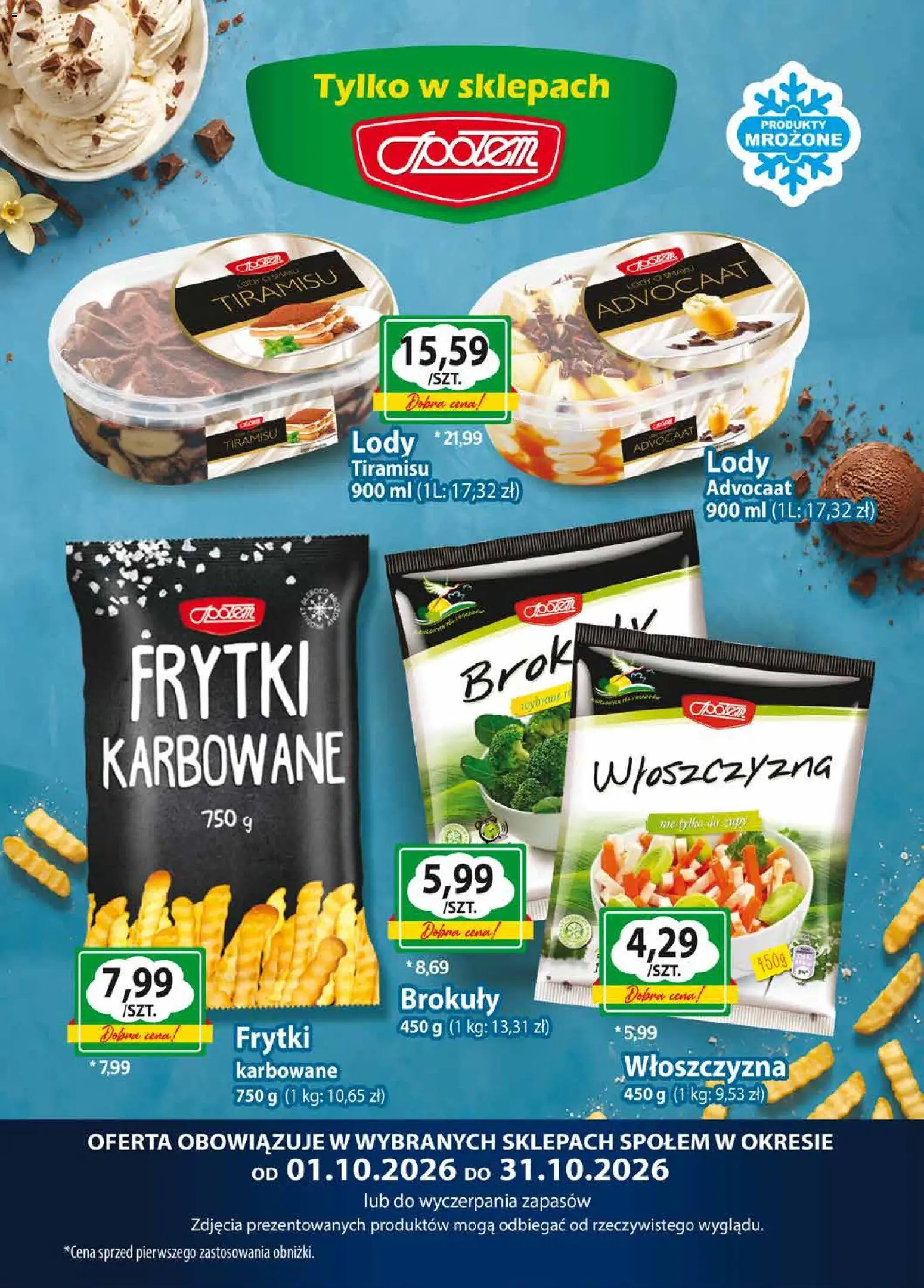 Społem gazetka od 01.10.2026 | Strona: 7 | Produkty: Tiramisu, Brokuły, Frytki, Lody