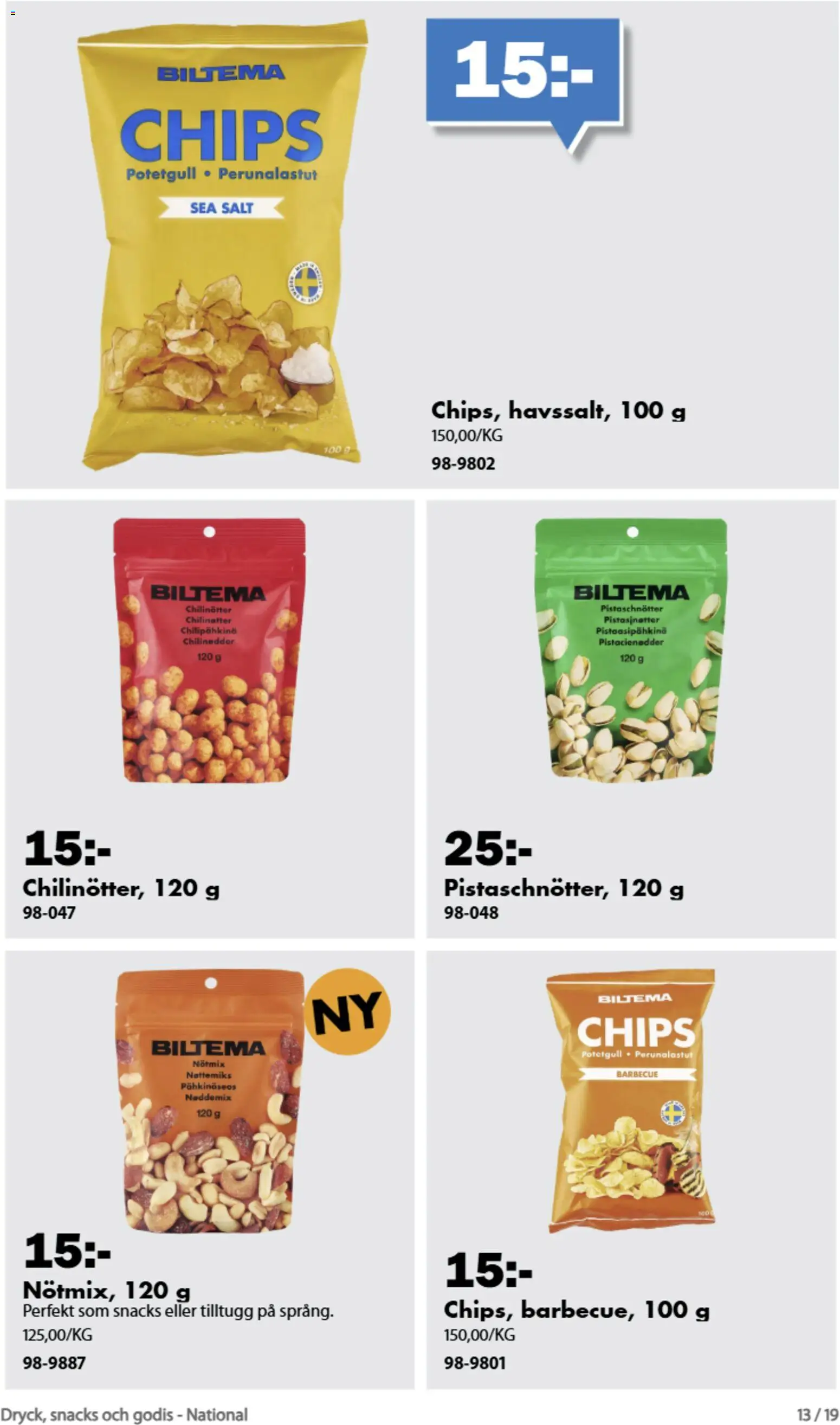 Biltema reklamblad aktuell från 21/08/2026 | Sida: 13 | Produkter: Salt, Chips, Snacks, Godis