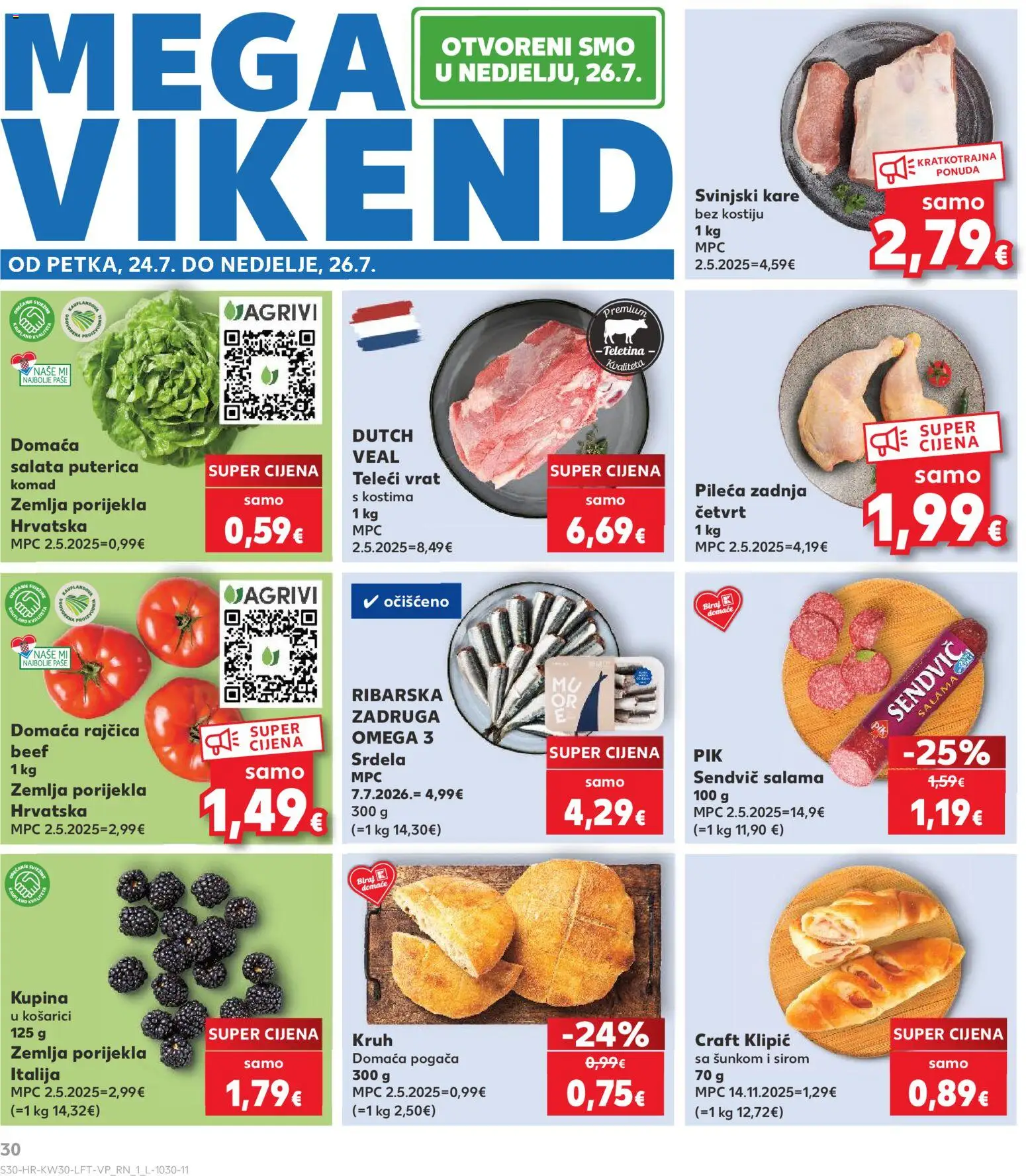 Kaufland katalog | vrijedi od 22.07.2026 | Stranica: 30 | Proizvodi: Svinjski kare, Kruh, Salata, Rajčica
