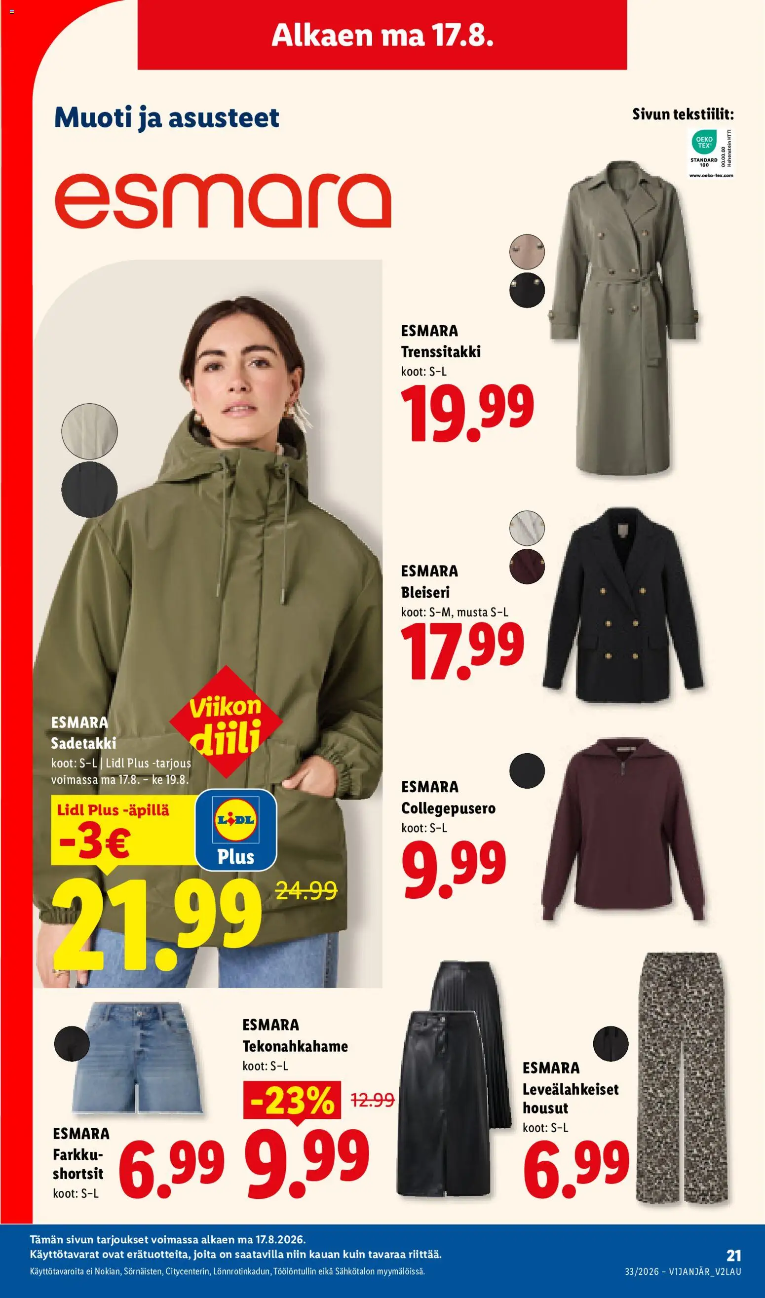 Lidl tarjoukset – voimassa 17/08/2026 alkaen | Sivu: 9 | Tuotteet: Sadetakki, Bleiseri, Housut, Shortsit