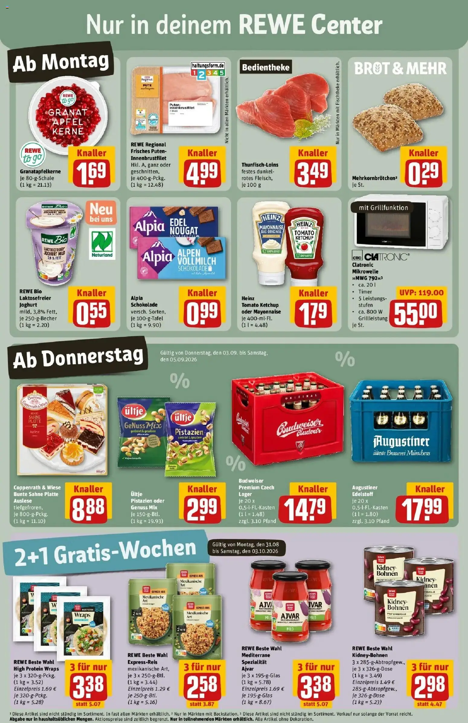 REWE Prospekt ab 31.08.2026 zum Blättern » Angebote | Seite: 3 | Produkte: Joghurt, Brot, Ketchup, Sahne