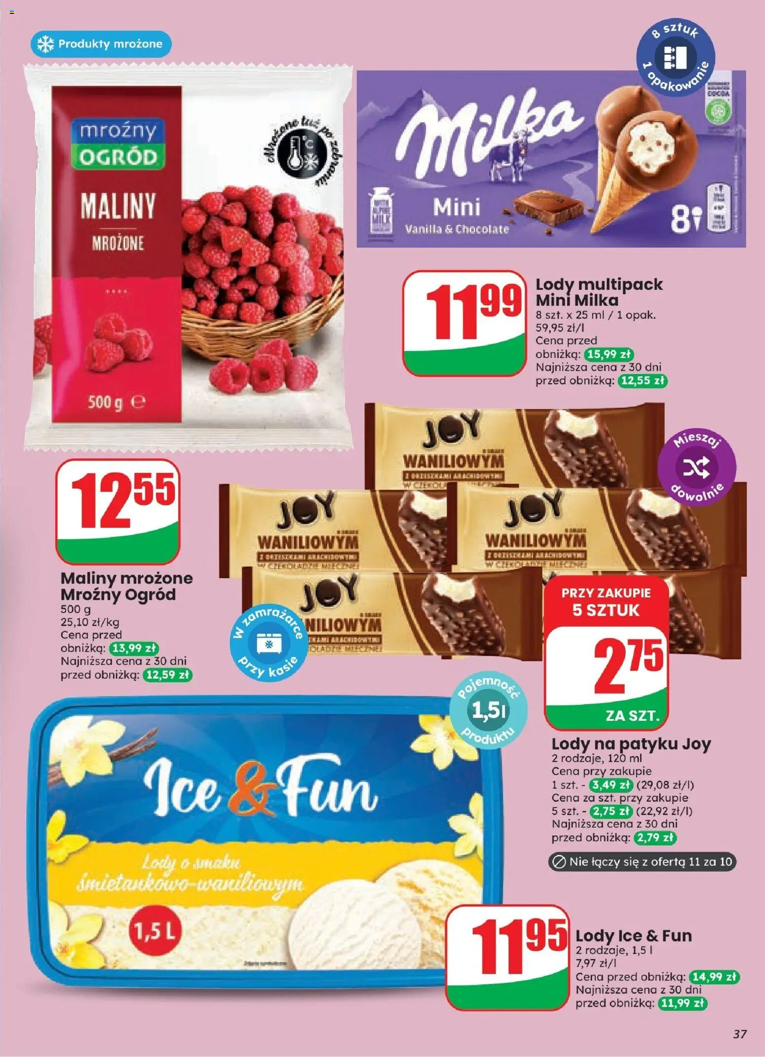 Dino gazetka od 21.10.2026 | Strona: 37 | Produkty: Maliny, Maliny mrożone, Milka, Lody