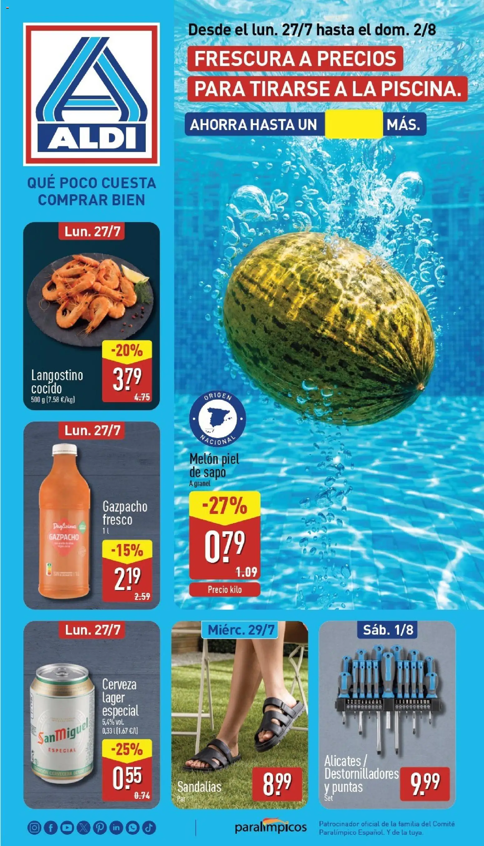 Aldi folleto Península │ válido desde el 27/07/2026 | Página: 1 | Productos: Φορτιστής, Sandalias, Cerveza, Langostino