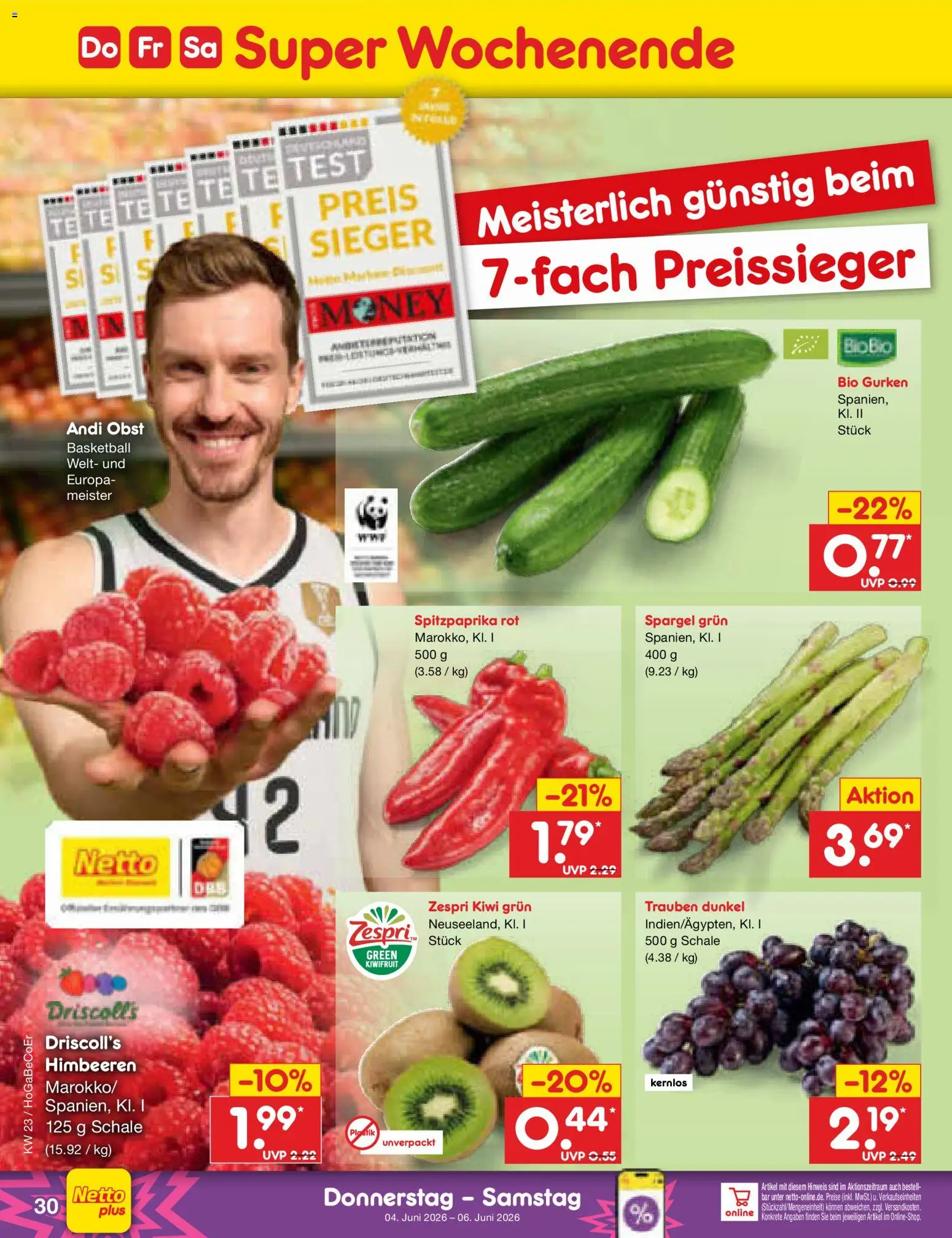 Netto Marken-Discount Prospekt – gültig ab 01.06.2026 | Seite: 44 | Produkte: Trauben, Obst, Basketball, Gurken