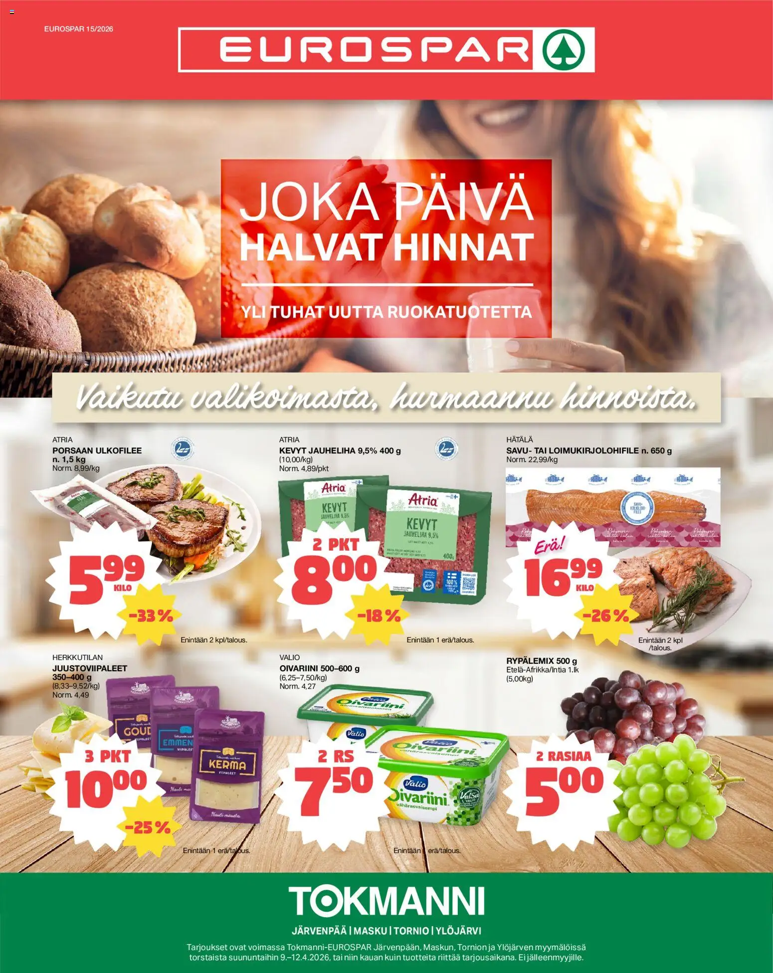 Tokmanni - EUROSPAR – voimassa 09.04.2026 alkaen | Sivu: 1 | Tuotteet: Jauheliha, Kerma