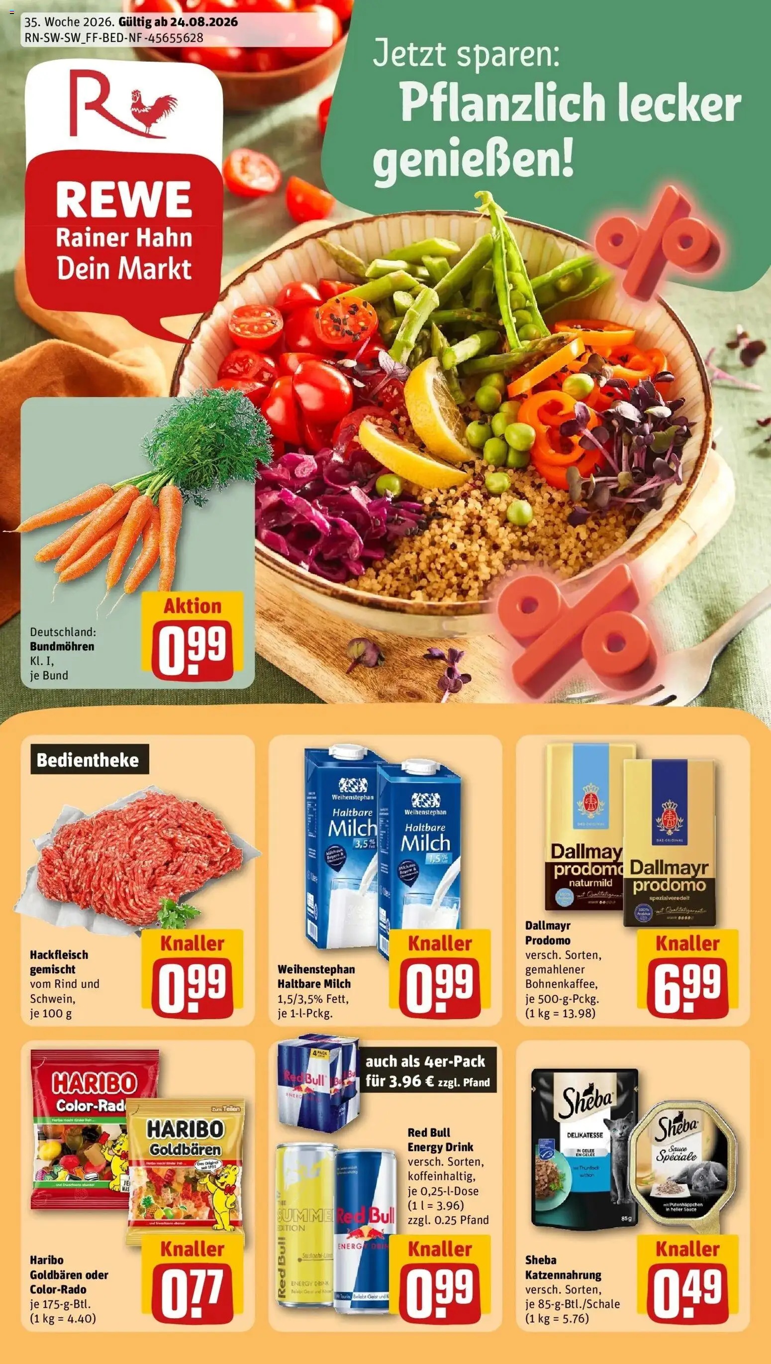 REWE Prospekt ab 24.08.2026 zum Blättern » Angebote | Seite: 1 | Produkte: Sheba, Milch, Energy, Milch 3,5%