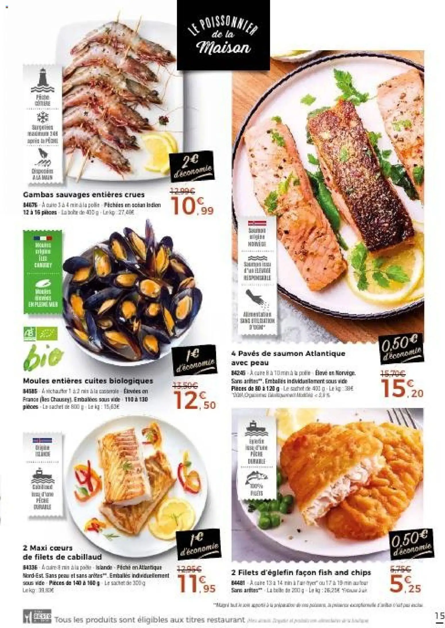 {H1} | Page: 15 | Produits: Moules, Gambas, Chips, Saumon