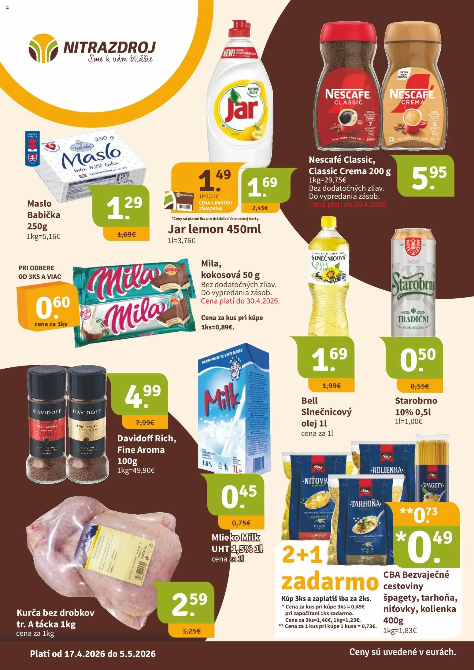 Nové Nitrazdroj akcie – leták je platný od 17.04.2026 | Strana: 1 | Produkty: Davidoff, Olej, Cestoviny, Špagety
