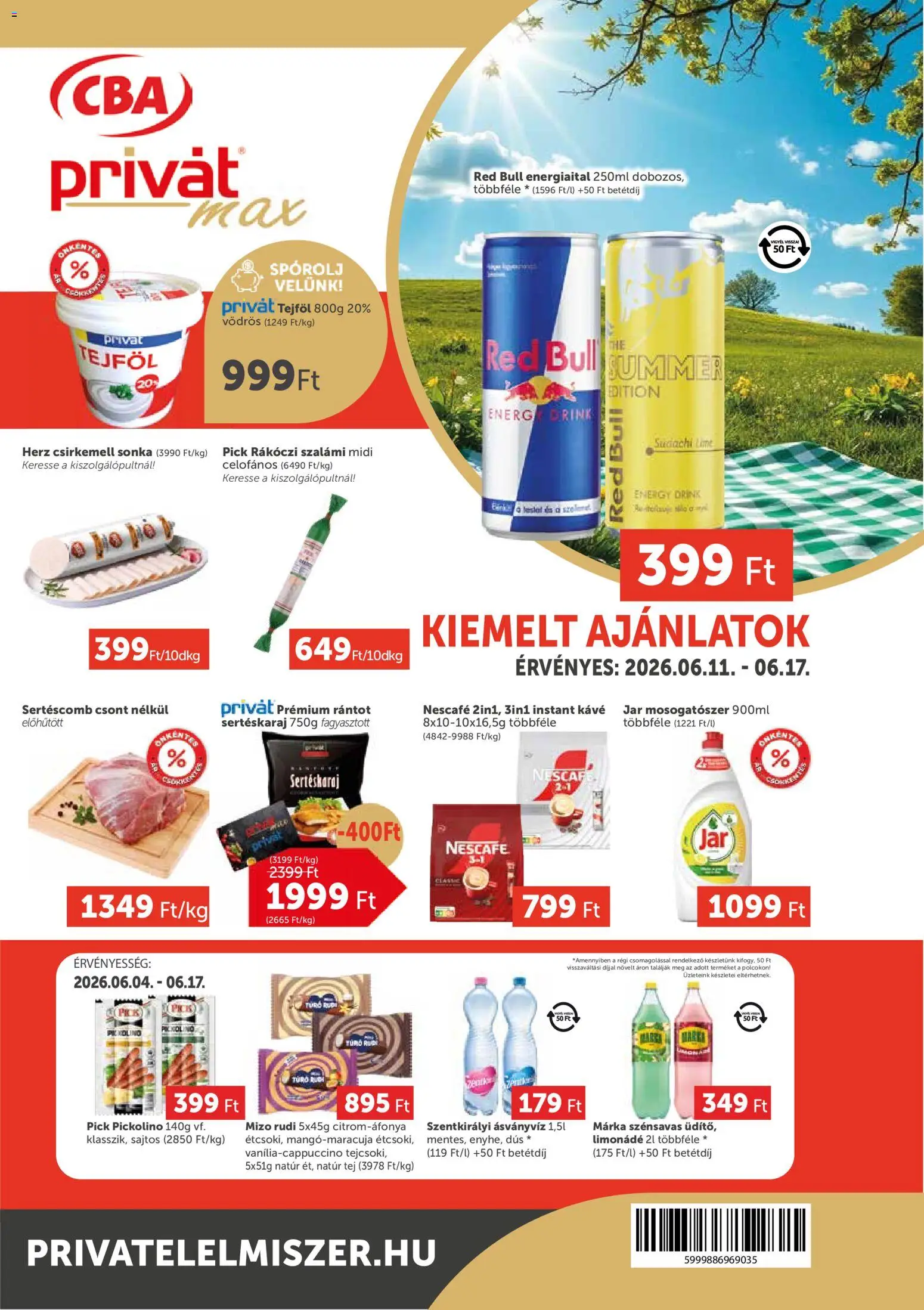 PRIVÁT akciós ujság - amely érvényes a következő dátumtól: 11.06.2026 | Oldal: 1 | Termékek: Jar mosogatószer, Sertéskaraj, Tej, Mosogatószer