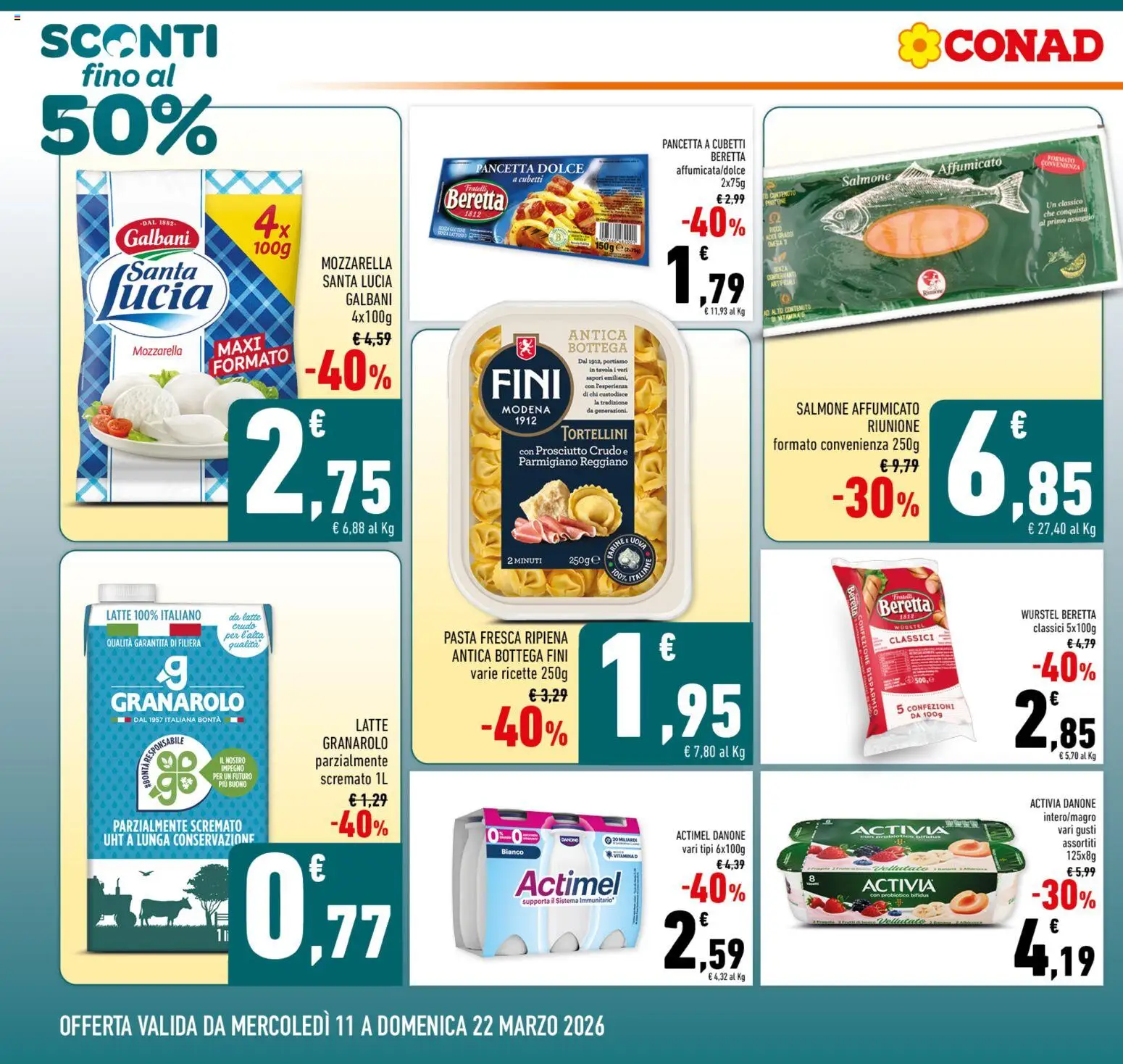 Volantino Conad del 11.03.2026 | Pagina: 2 | Prodotti: Salmone, Mozzarella, Prosciutto, Wurstel