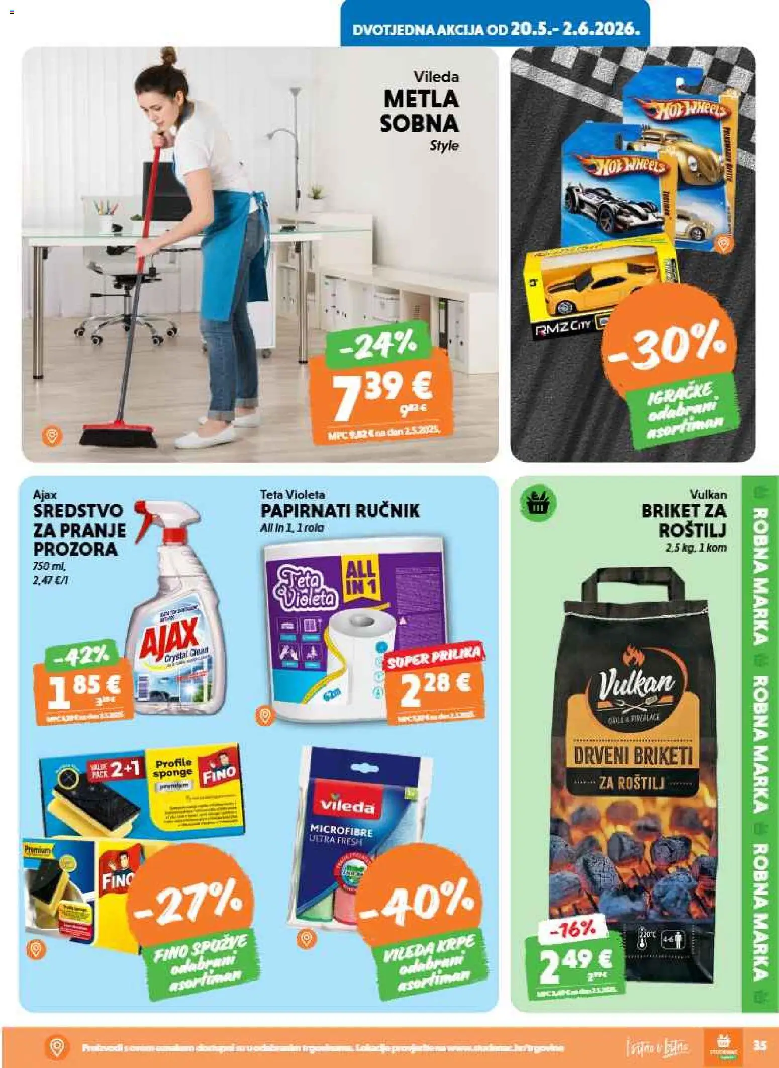 Studenac katalog | vrijedi od 20.05.2026 | Stranica: 35 | Proizvodi: Metla, Drveni briketi, Ajax, Vileda