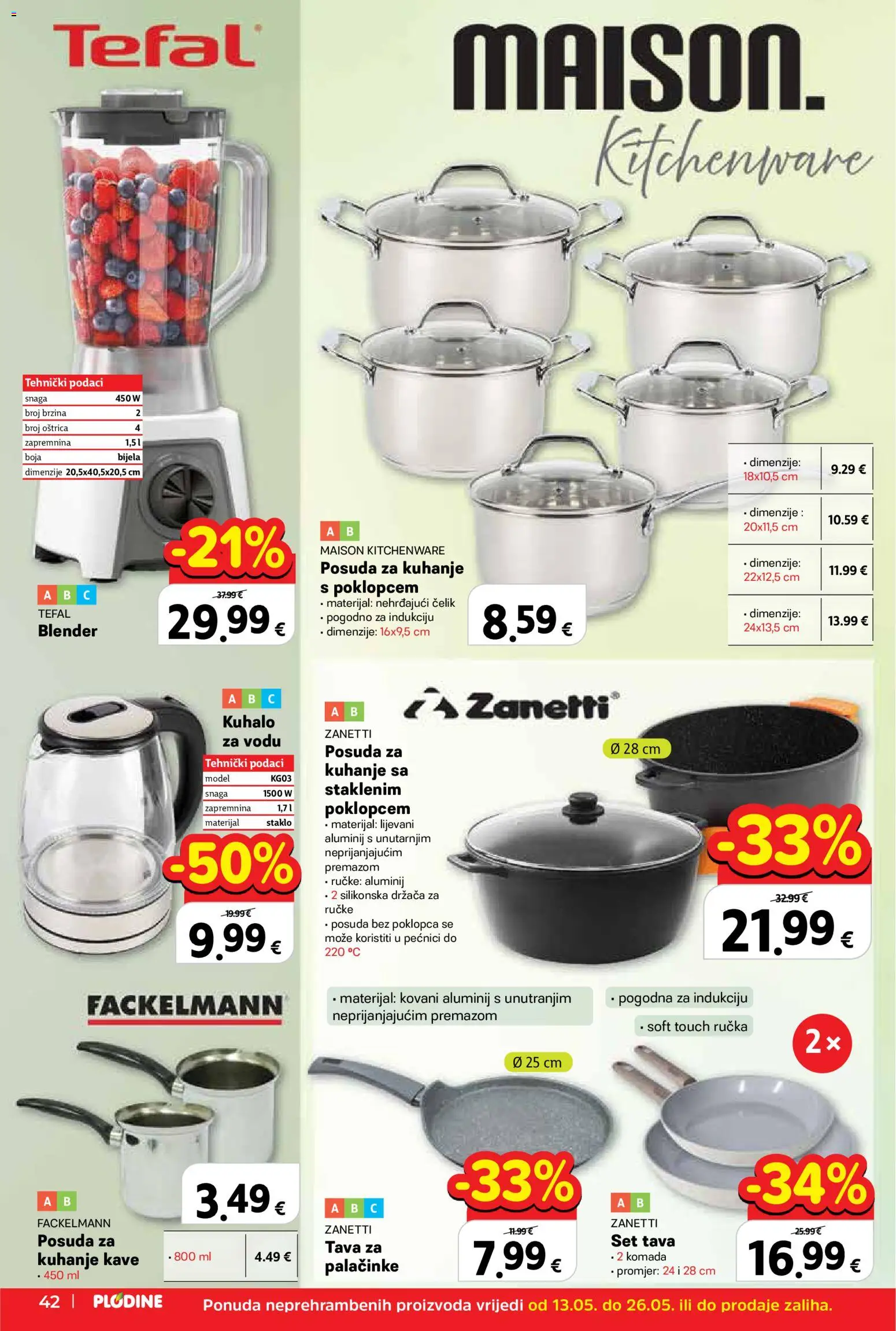 Plodine katalog | vrijedi od 13.05.2026 | Stranica: 42 | Proizvodi: Kuhalo za vodu, Tava, Blender