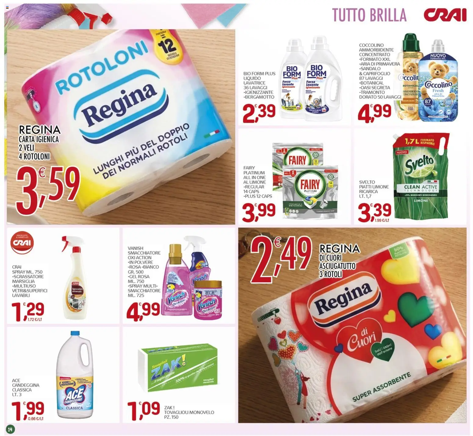 Volantino CRAI del 14.05.2026 | Pagina: 14 | Prodotti: Carta igienica, Smacchiatore, Candeggina, Sgrassatore