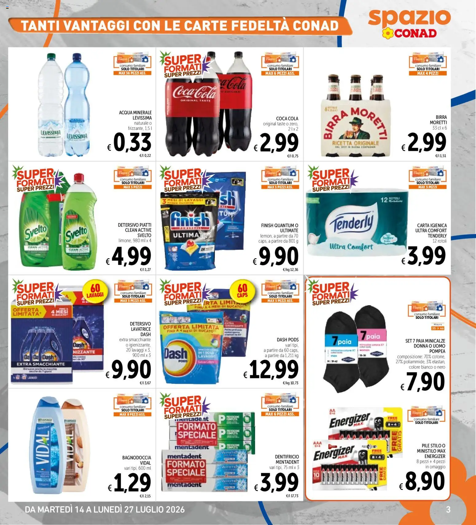 Volantino Spazio Conad del 14/07/2026 | Pagina: 3 | Prodotti: Carta igienica, Acqua, Lavatrice, Coca Cola