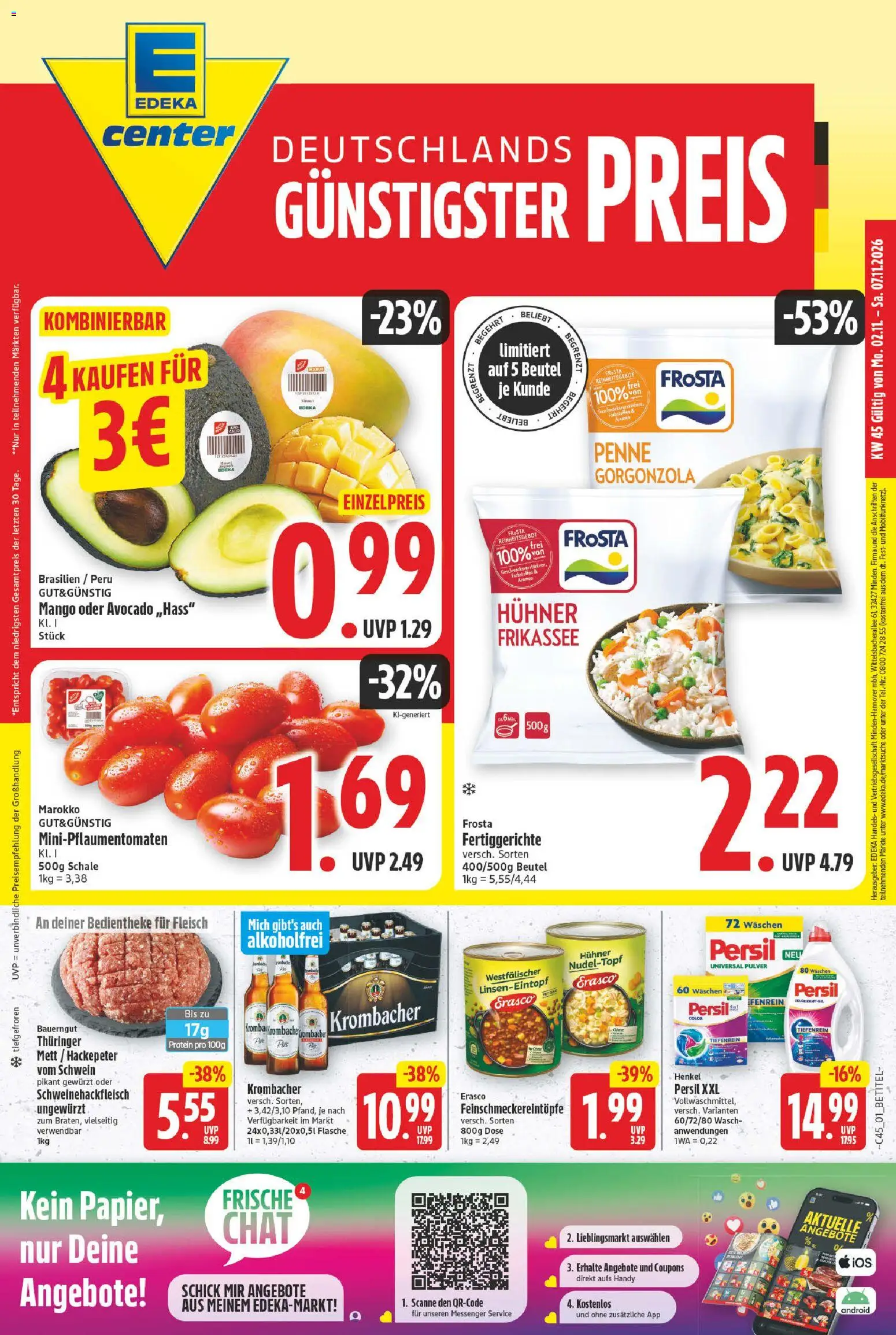 E center Prospekt – gültig ab 02.11.2026 | Seite: 1 | Produkte: Frosta, Fertiggerichte, Krombacher, Persil