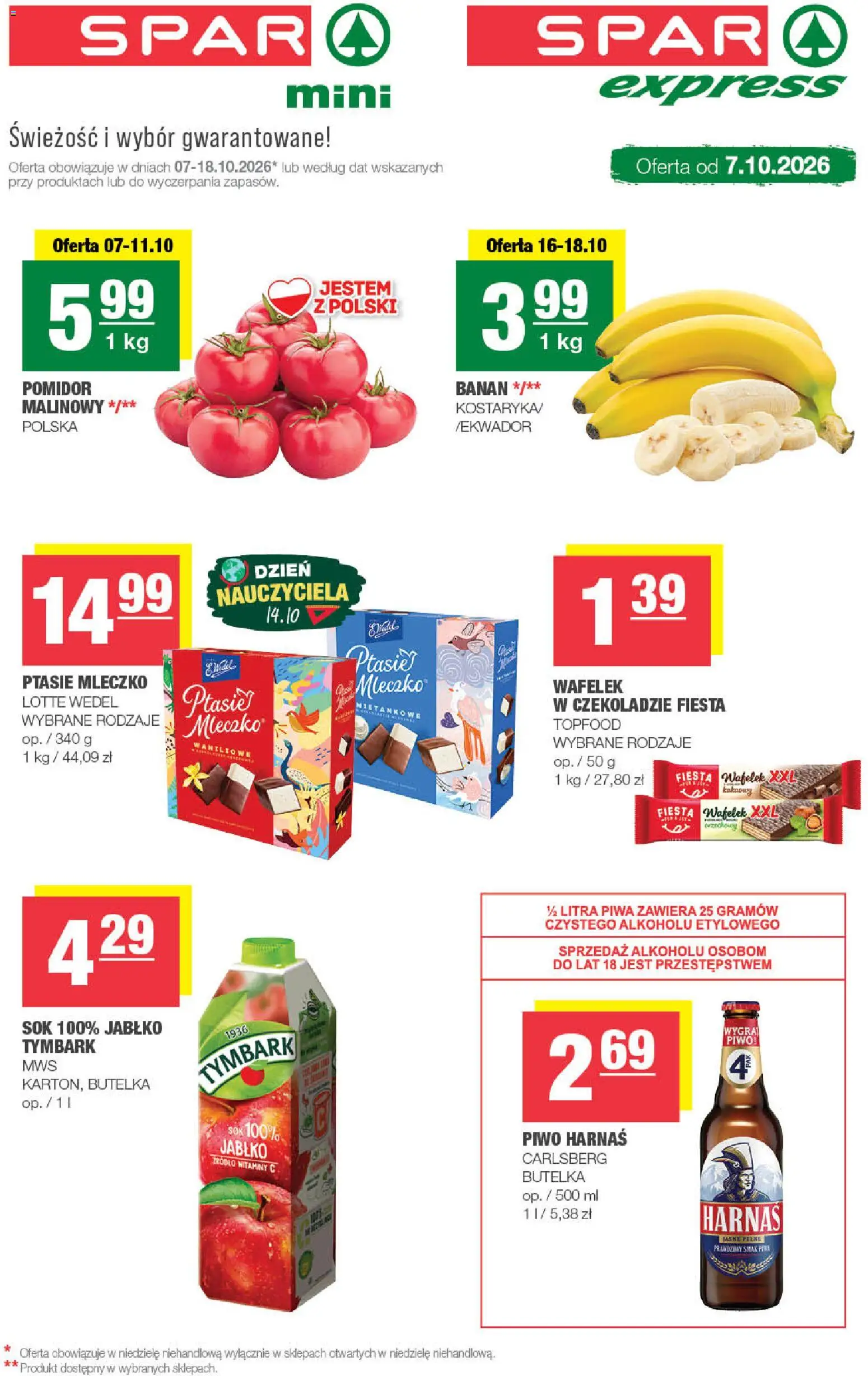 Spar gazetka - Mini od 07.10.2026 | Strona: 1 | Produkty: Ptasie mleczko, Harnaś, Sok, Piwo
