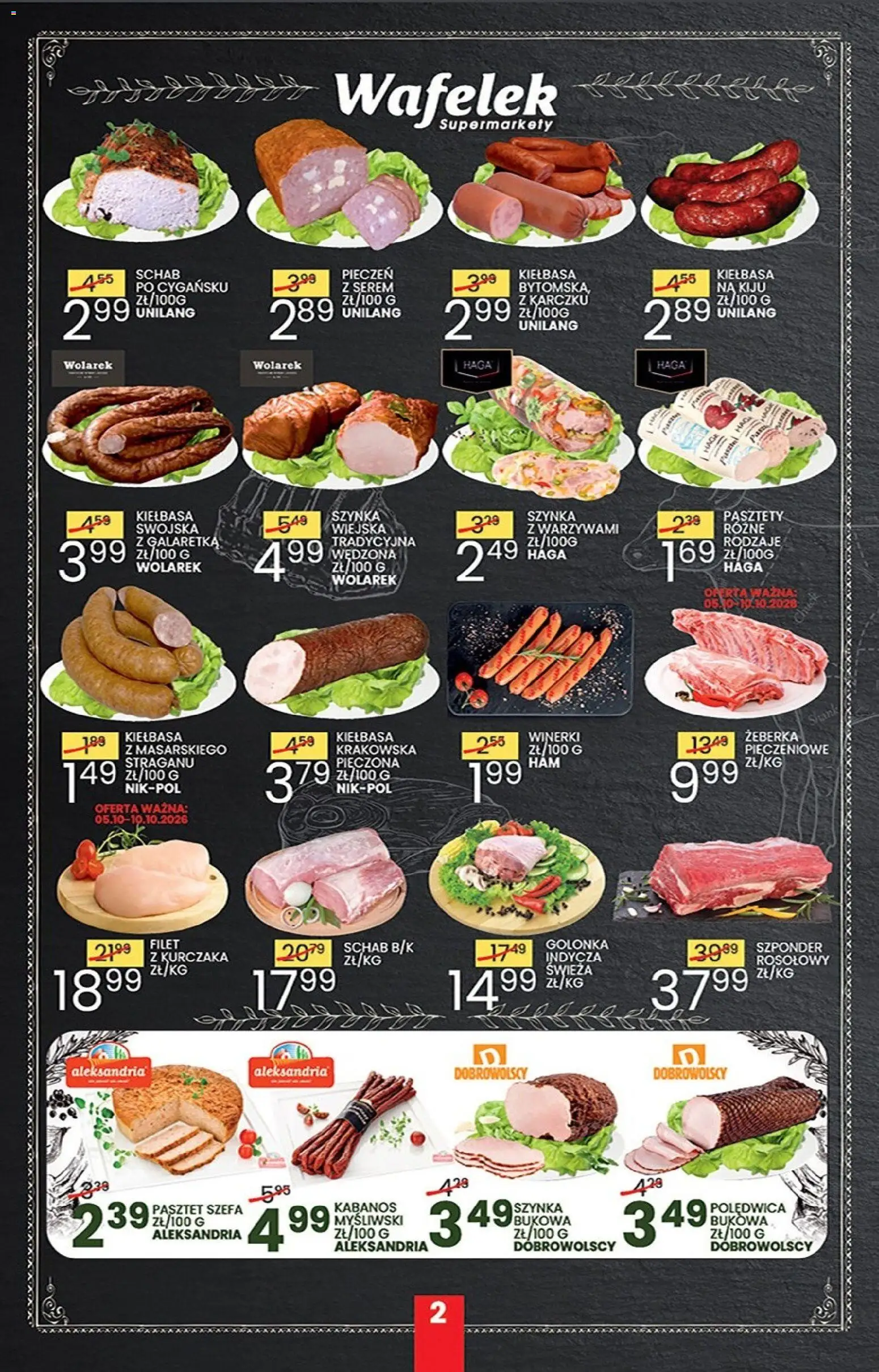 Wafelek gazetka od 05.10.2026 | Strona: 2 | Produkty: Kiełbasa, Filet z kurczaka, Szynka, Kiełbasa krakowska