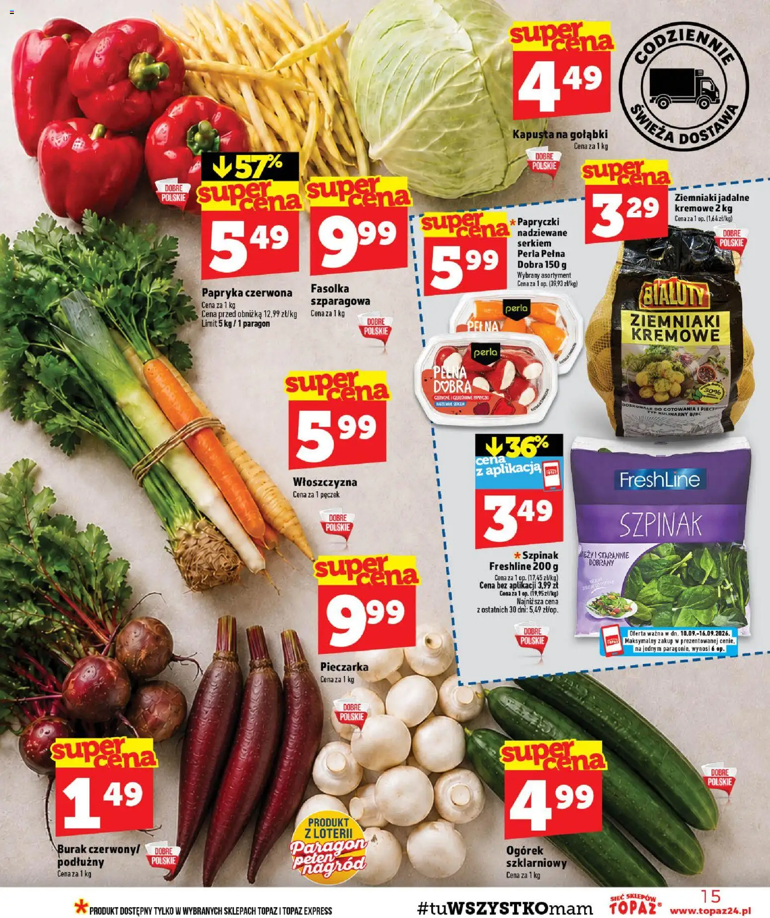 Topaz gazetka - Ceny małe na stałe od 10.09.2026 | Strona: 15 | Produkty: Burak, Gołąbki, Włoszczyzna, Papryka czerwona
