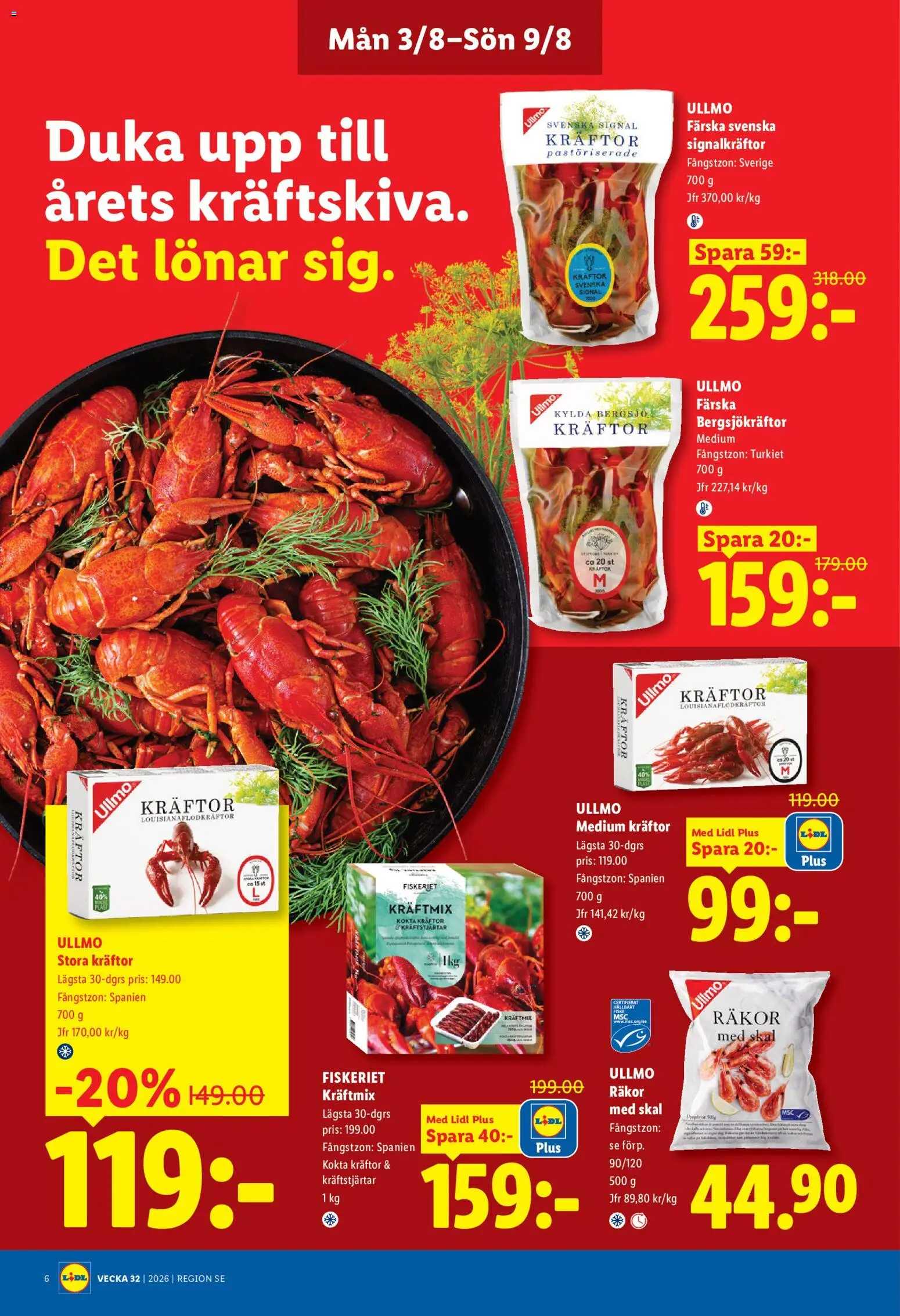 Lidl reklamblad aktuell från 03/08/2026 | Sida: 6 | Produkter: Kräftor, Räkor