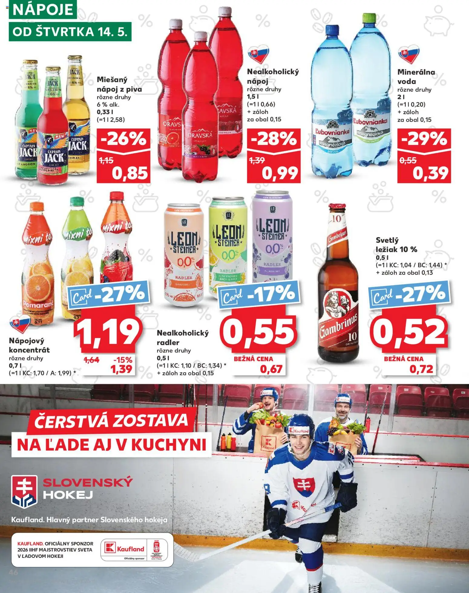 Nové Kaufland akcie – leták je platný od 14.05.2026 | Strana: 46 | Produkty: Radler, Voda, Gambrinus