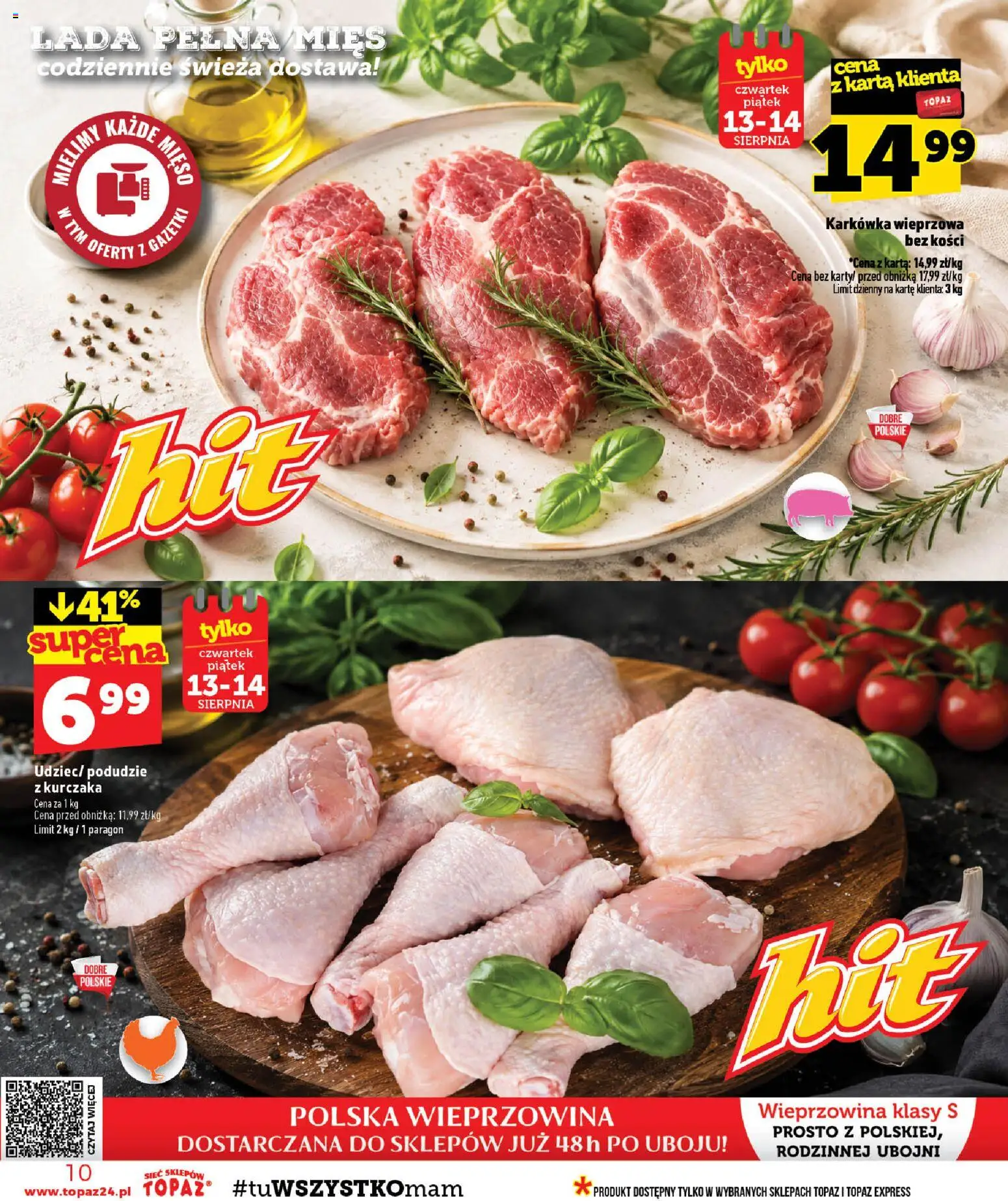 Topaz gazetka - MAZ od 13.08.2026 | Strona: 10 | Produkty: Karta, Karkówka wieprzowa, Podudzie z kurczaka, Wieprzowina