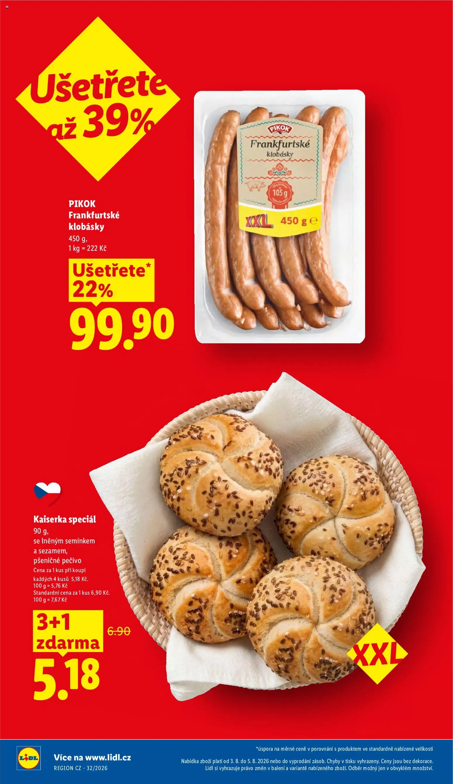 Lidl leták od 03.08.2026 | Strana: 8 | Produkty: Kaiserka, Pečivo, Klobásky, Pikok