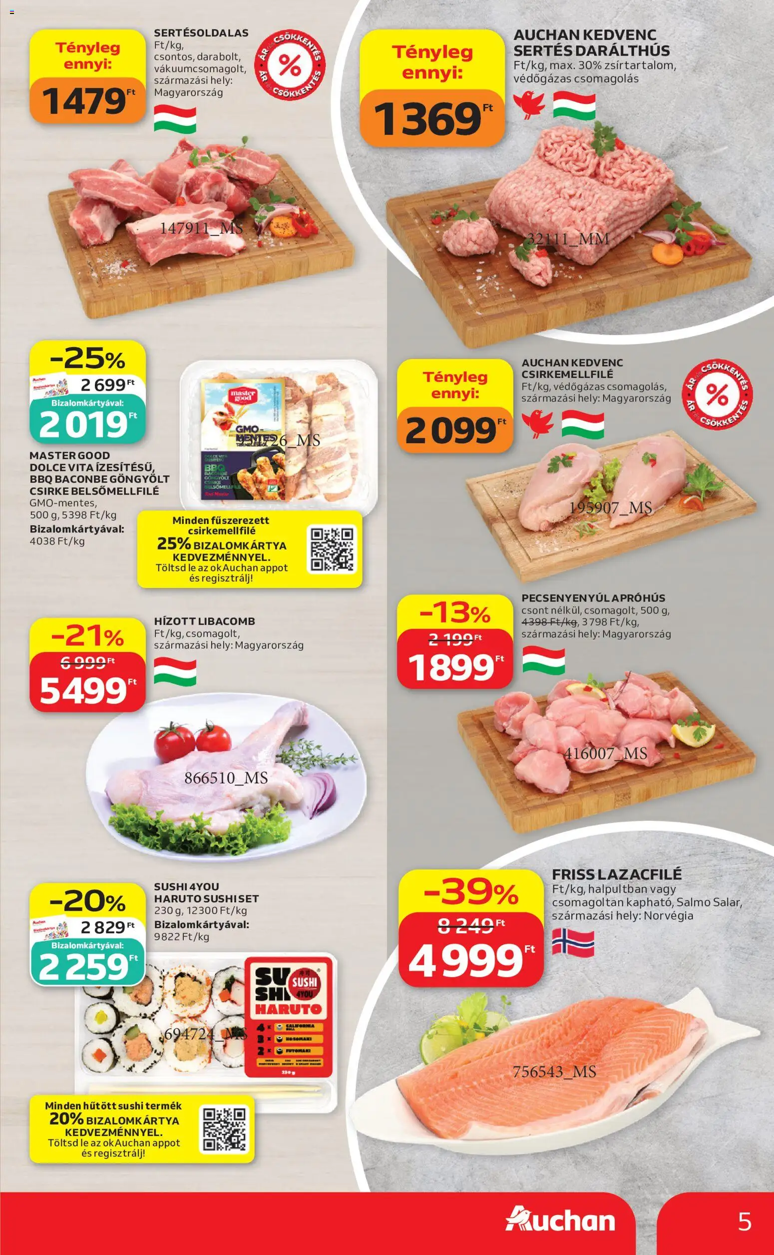 Auchan akciós ujság - amely érvényes a következő dátumtól: 2026.09.10. | Oldal: 5 | Termékek: BBQ, Sertésoldalas, Lazacfilé, Sushi