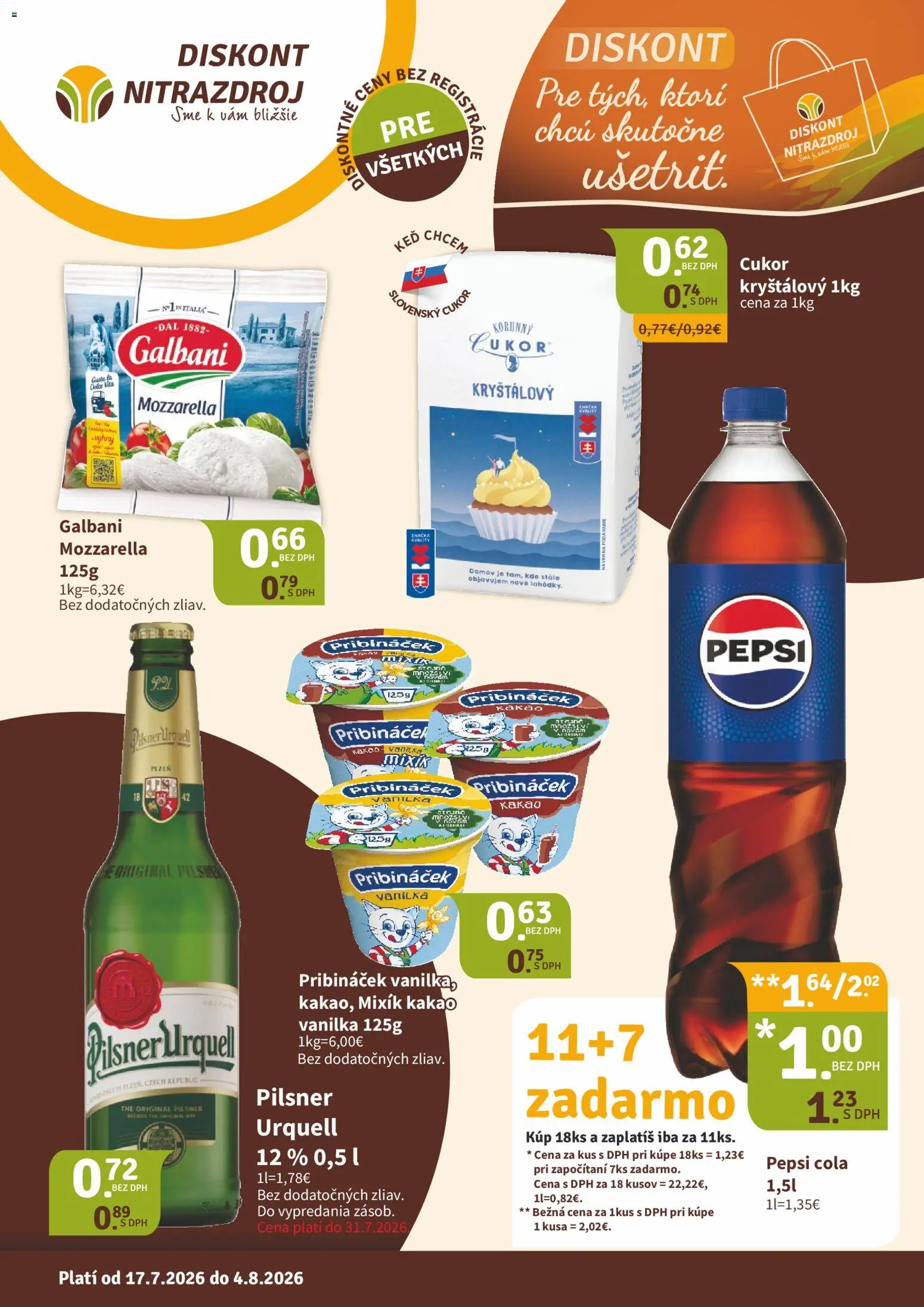 Nové Nitrazdroj akcie – leták je platný od 17.07.2026 | Strana: 1 | Produkty: Mozzarella, Pepsi, Cola, Vanilka