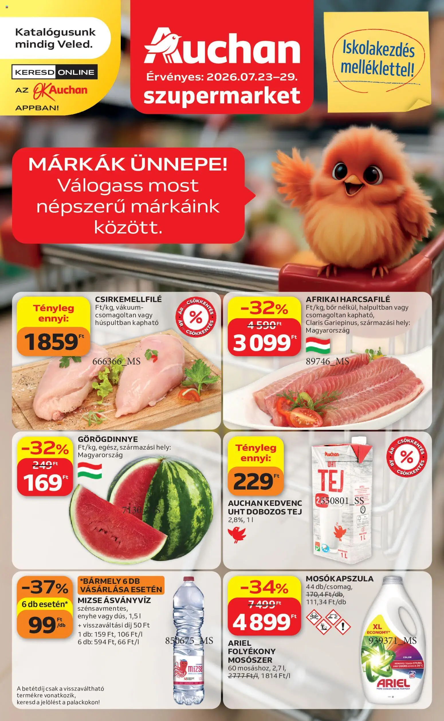 Auchan akciós ujság - amely érvényes a következő dátumtól: 2026.07.23. | Oldal: 1 | Termékek: Afrikai harcsafilé, Folyékony mosószer, Tej, Ásványvíz