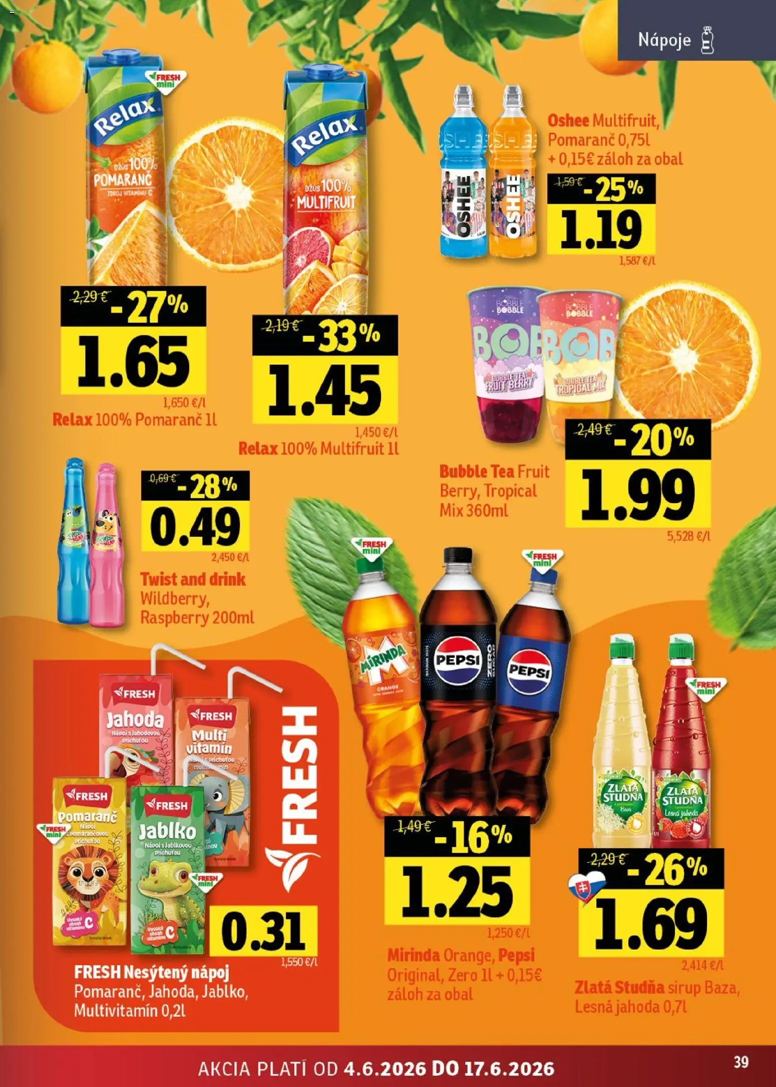 Nové Fresh akcie – leták je platný od 04.06.2026 | Strana: 39 | Produkty: Džús, Pepsi, Mirinda