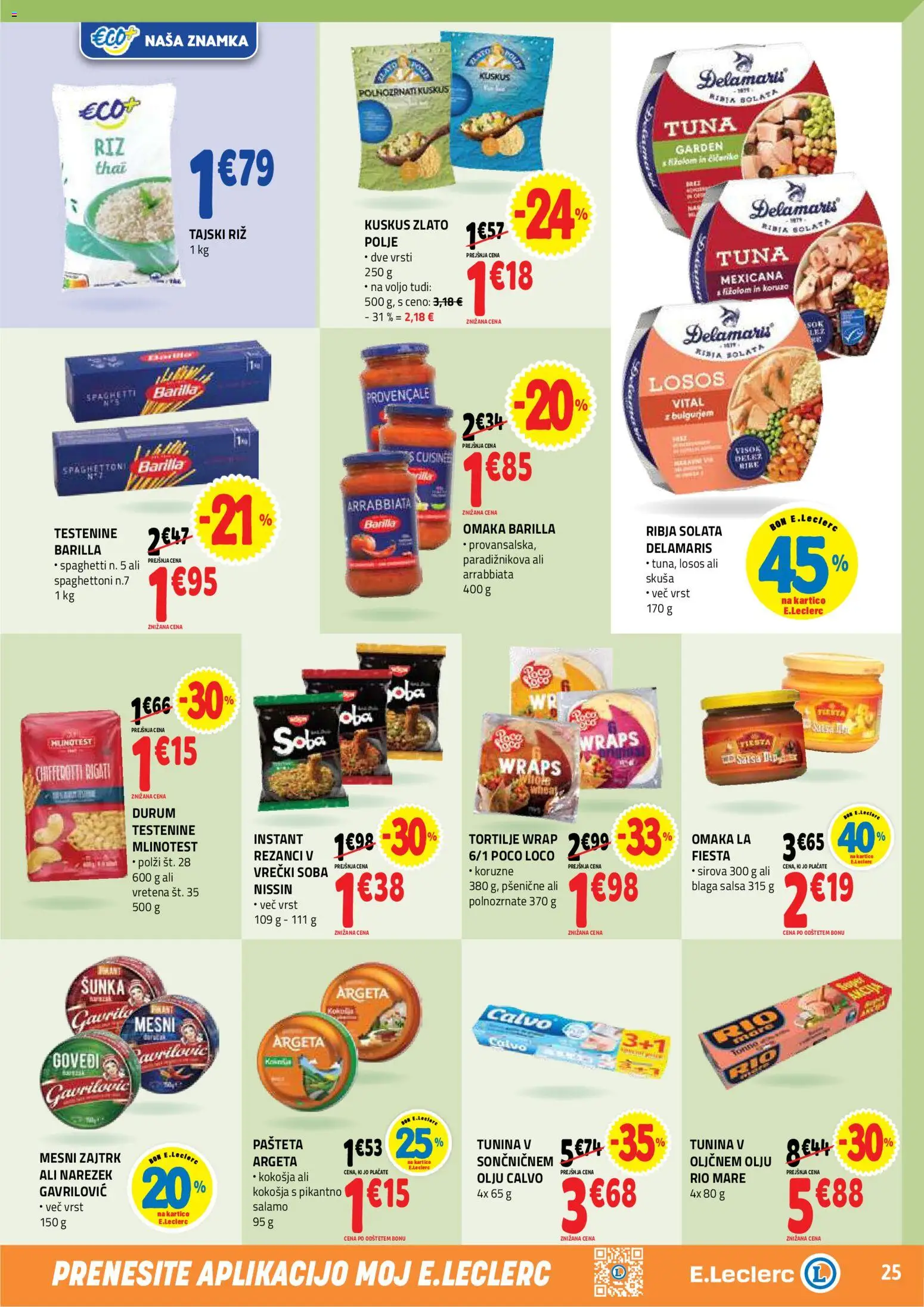 Novi E.leclerc katalog ponudbe – veljaven od 20.05.2026 | Stran: 25 | Izdelki: Tuna, Narezek, Testenine, Solata