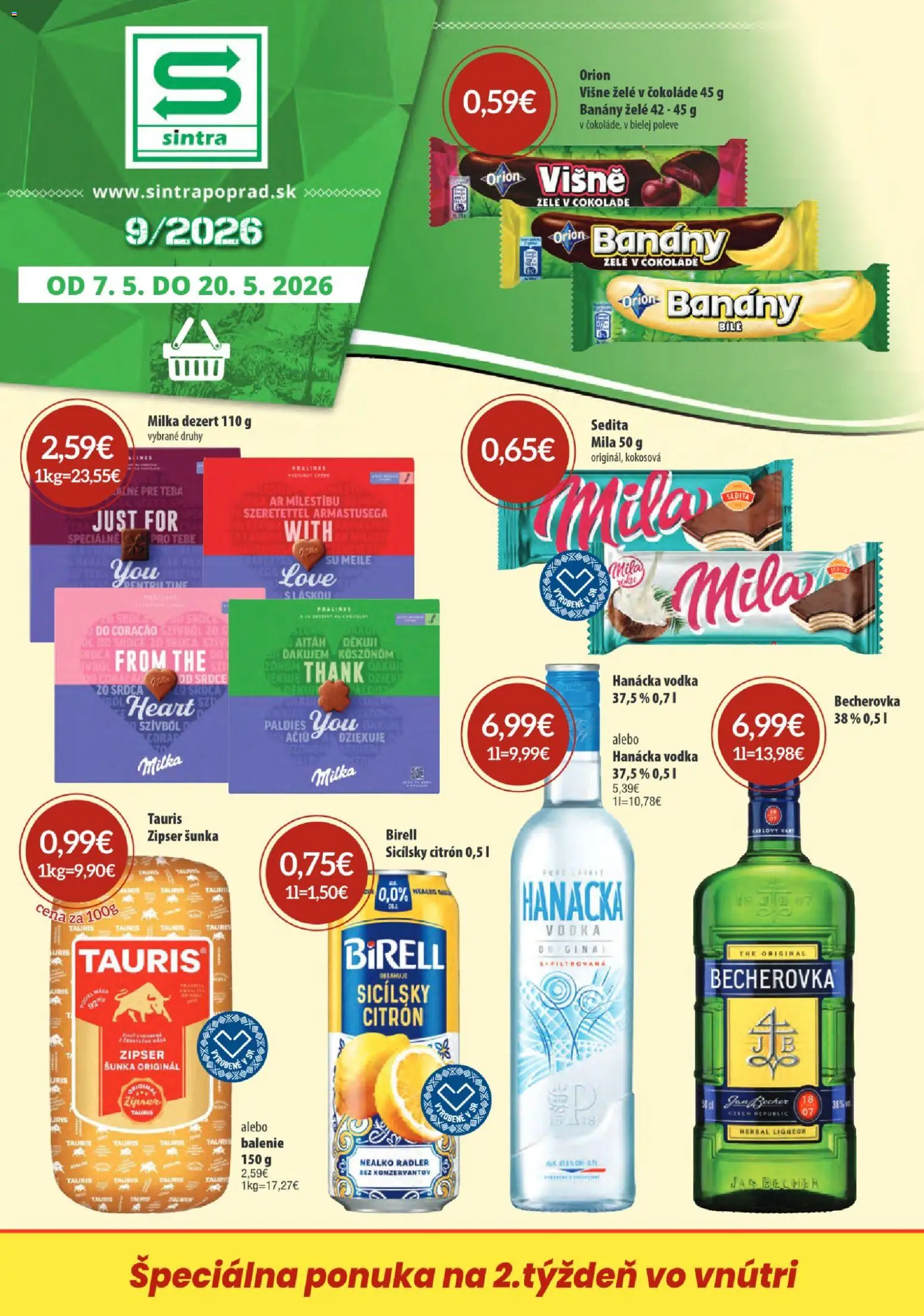 Nové Sintra akcie – leták je platný od 07.05.2026 | Strana: 1 | Produkty: Becherovka, Šunka, Birell, Višne