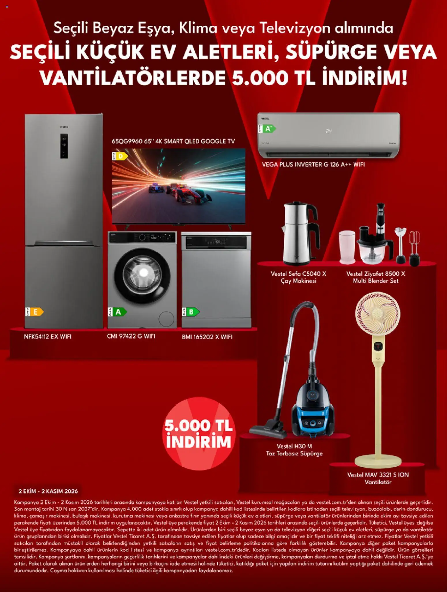 Vestel - Küçük Ev Aletleri - 01 Ekim 2026 tarihinden itibaren geçerlidir | Sayfa: 2 | Ürünler: Çay, TV, Televizyon, Klima